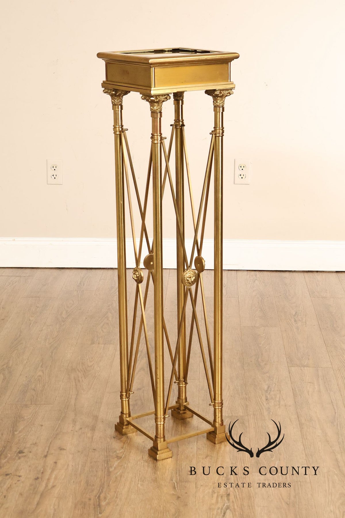 Vintage Neoclassical Style Heavy Brass Pedestal Plant Stand With Lion Medallions