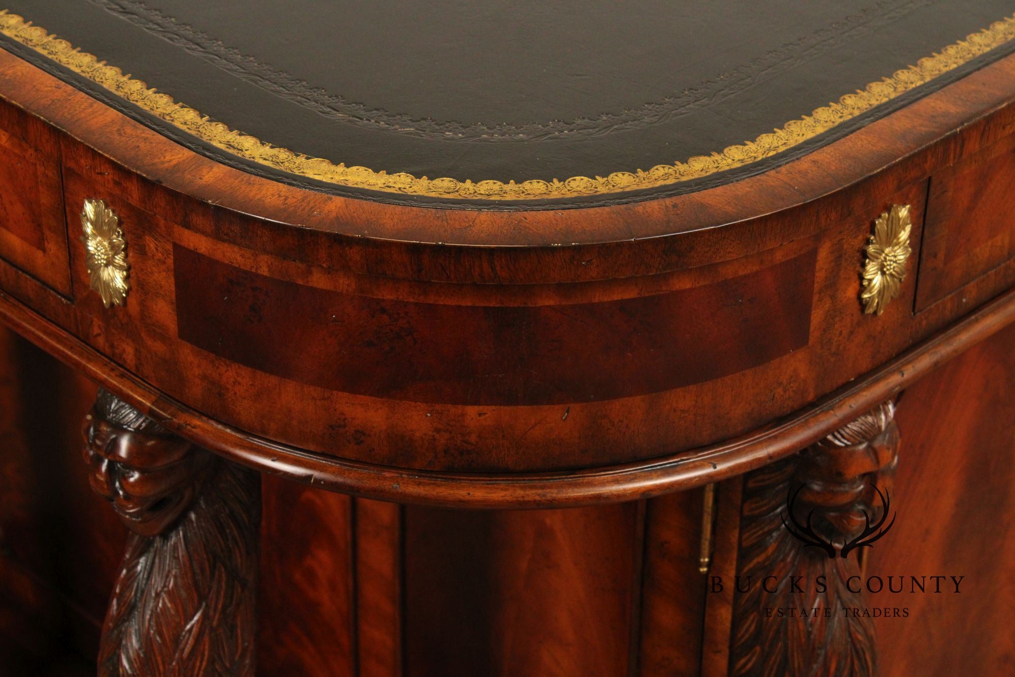 Maitland Smith Carved Mahogany Leather Top Executive Partner's Desk