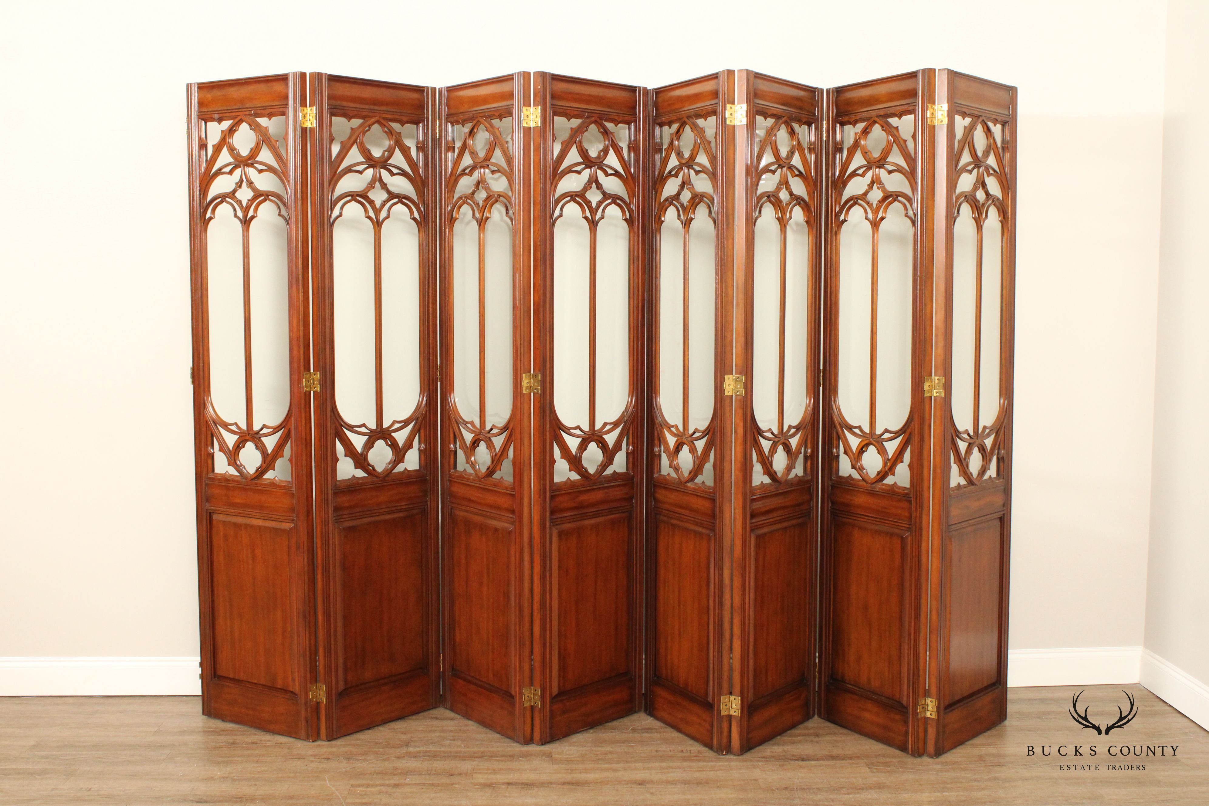 Gothic Revival Style Mahogany And Glass Eight-Panel Room Divider Screen