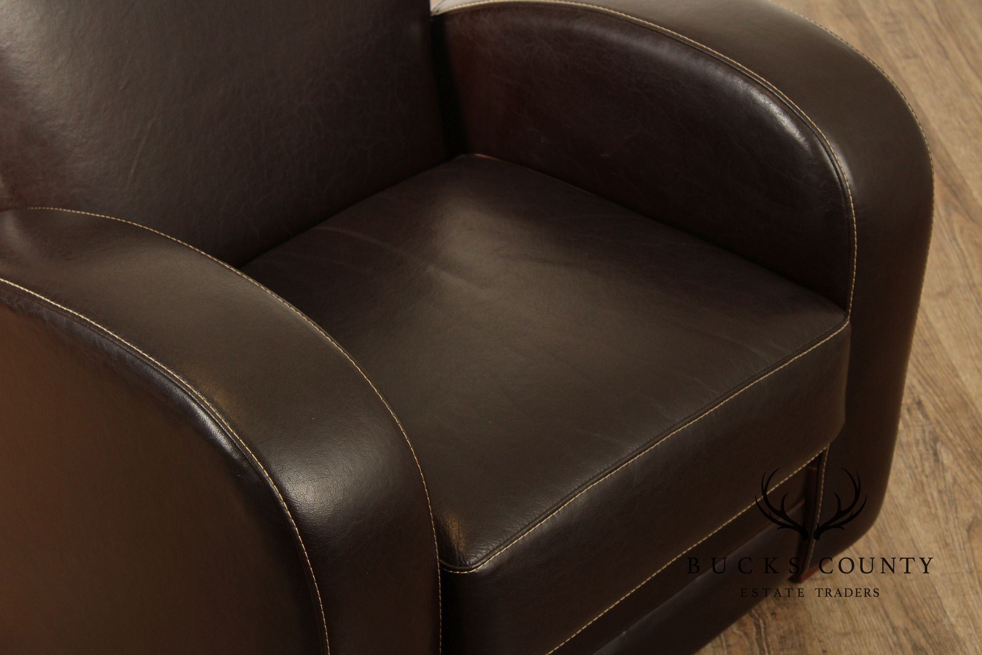 Legacy Art Deco Style Pair of Leather Lounge Chairs with Ottomans