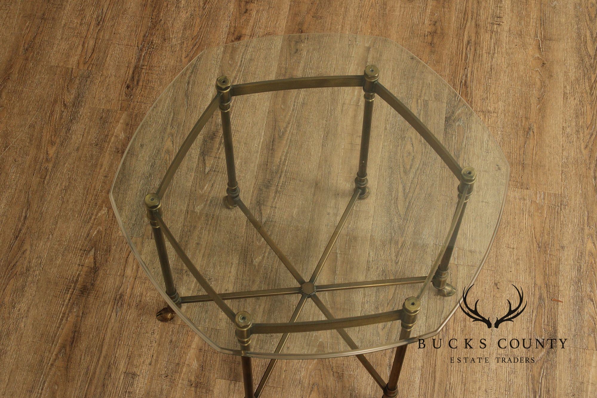 Hollywood Regency Vintage Italian Pair of Glass Top Brass Side Tables