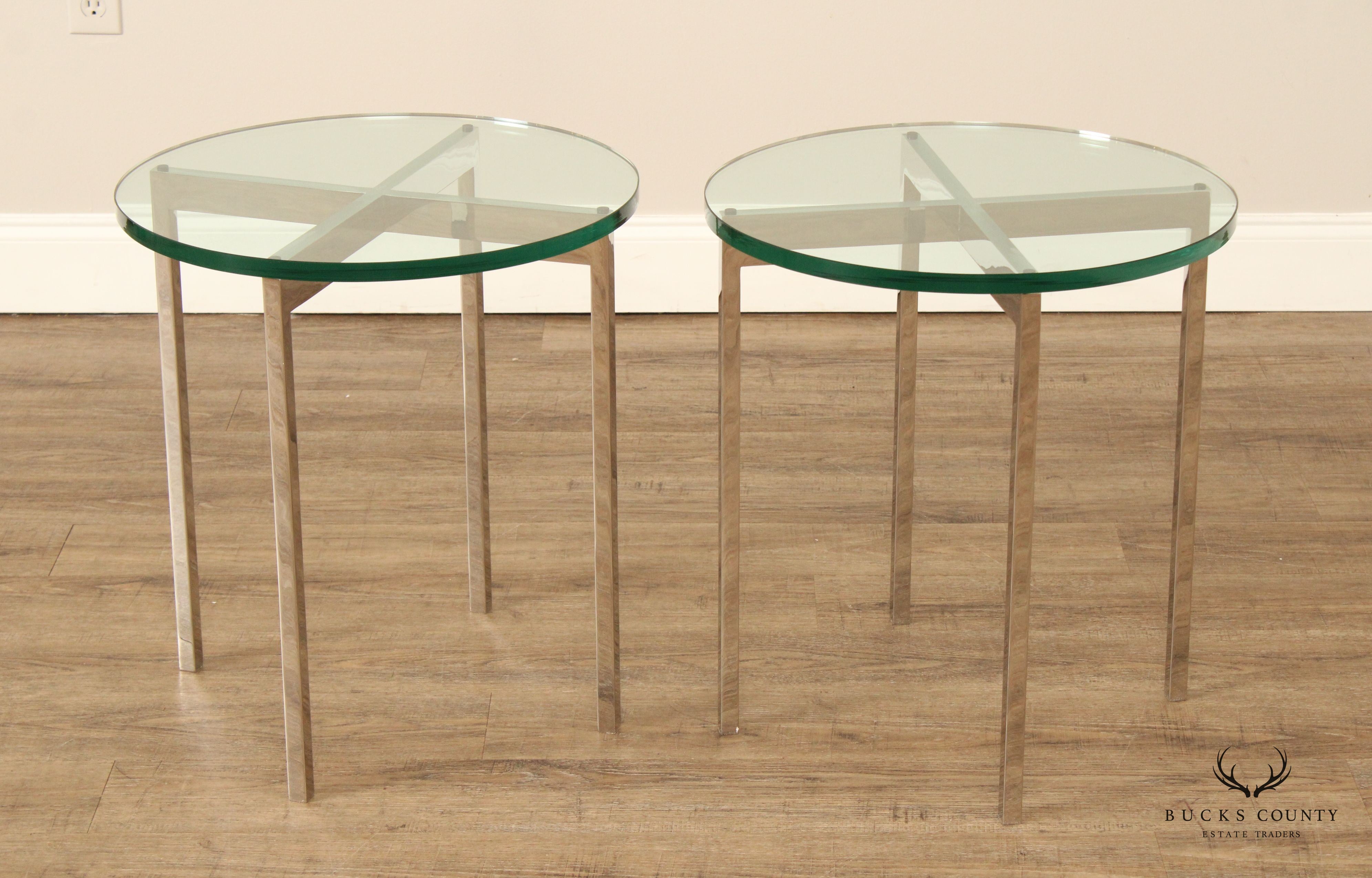 Postmodern Pair of Chrome Frame Round Glass Top Side Tables