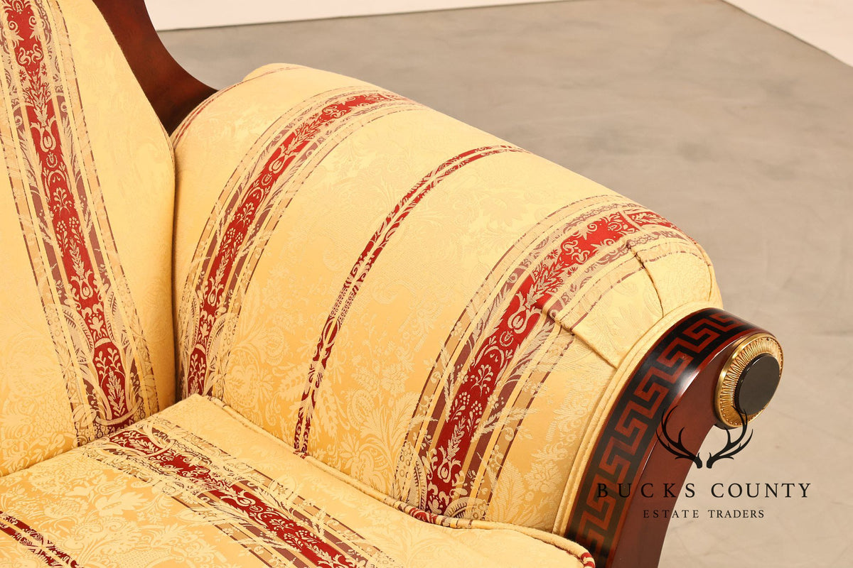 Empire Neoclassical Style Mahogany Upholstered Armchair With Gilt Bronze Accents