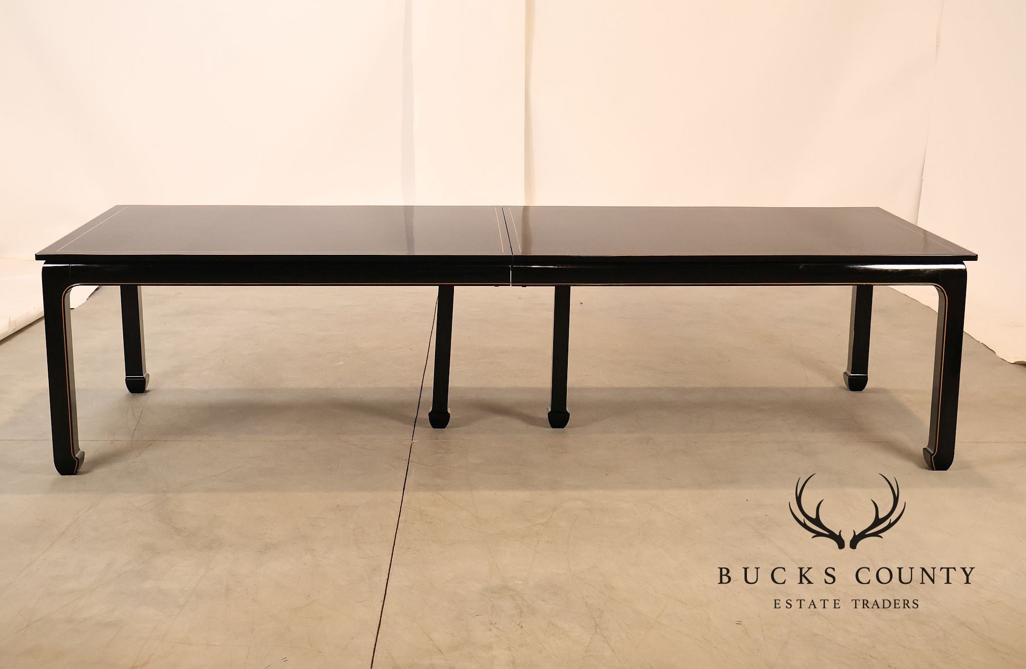Custom Black Lacquered 12 Foot Extendable Dining Table With Gold Line Inlay
