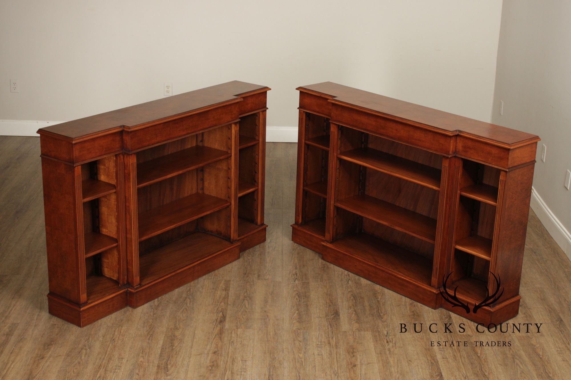 Quality Pair Of English Walnut Open Bookcases