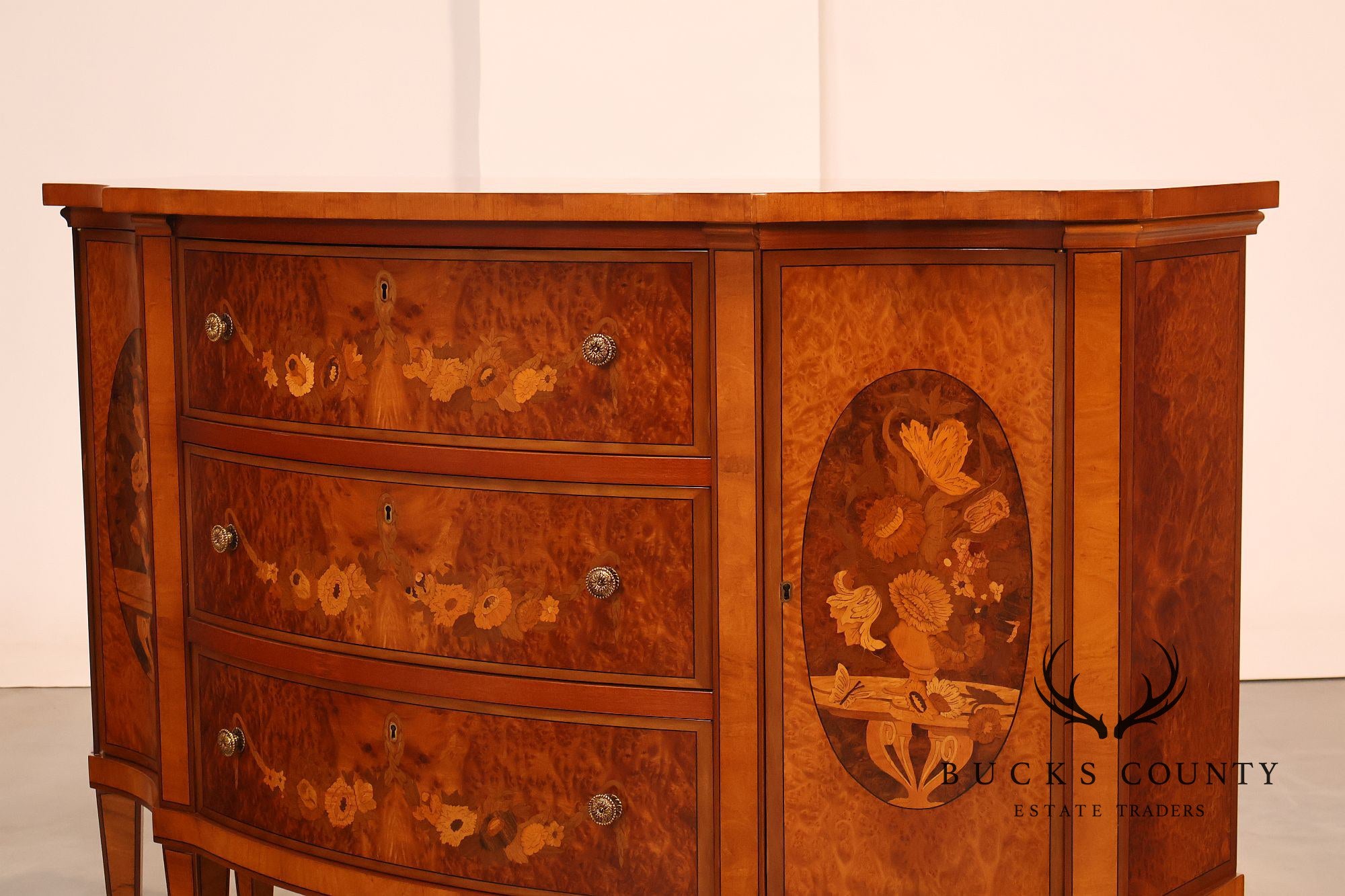 Italian Marquetry Inlaid Burl Wood Credenza Sideboard Server
