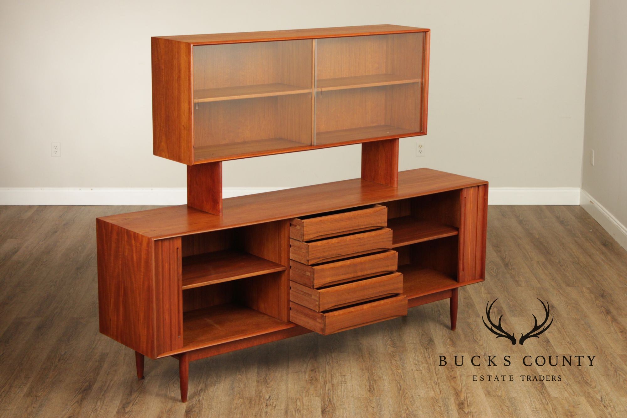 Danish Mid-Century Modern Teak Credenza With Floating Hutch