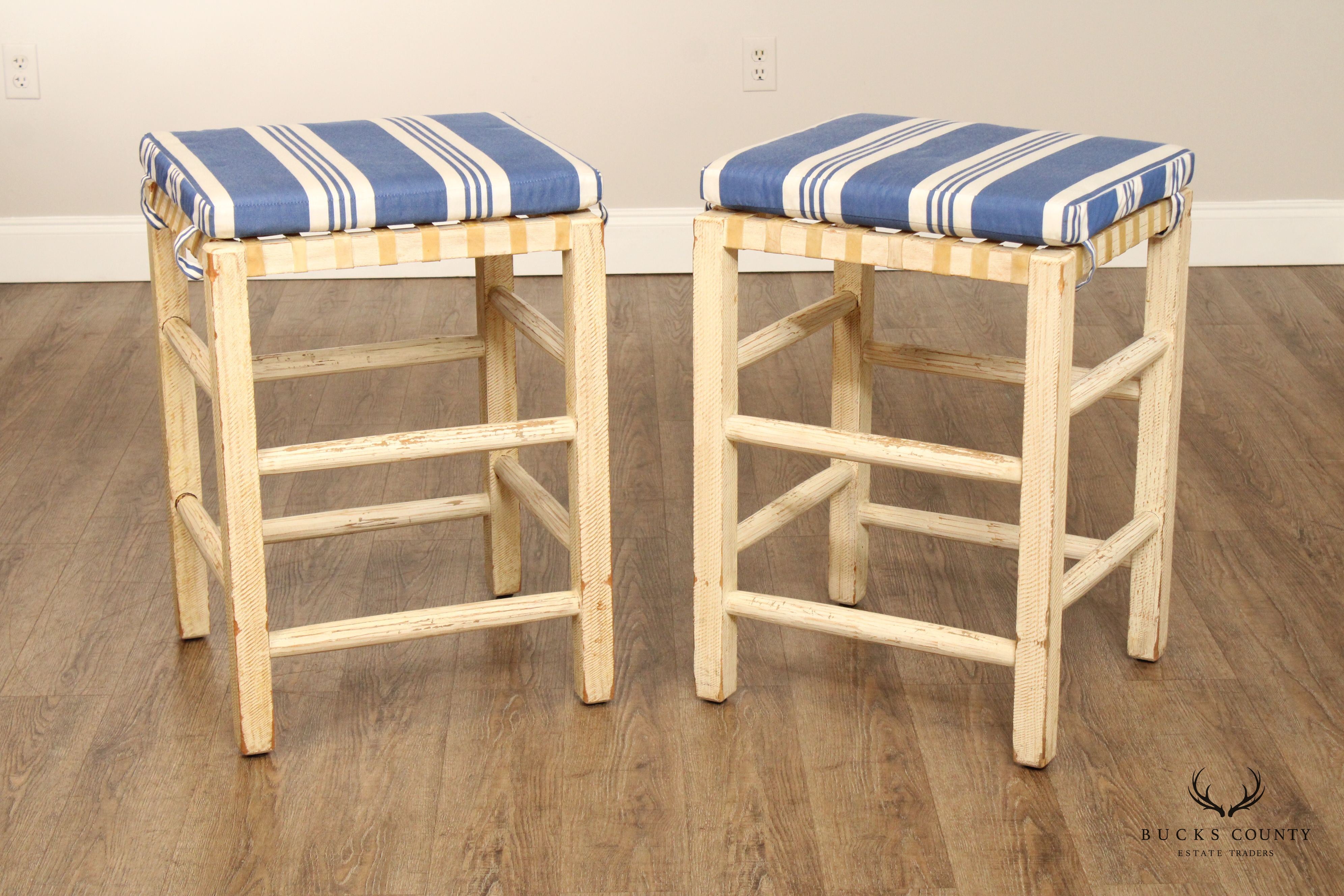 Farmhouse Style Set of Three Distress Painted Bar Stools