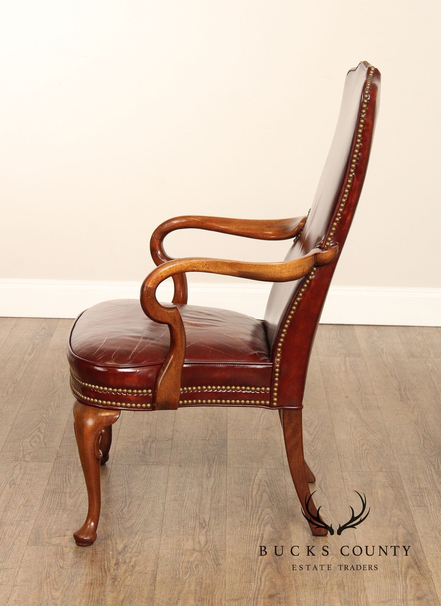 Hickory Chair Queen Anne Style Mahogany and Vintage Leather Armchair