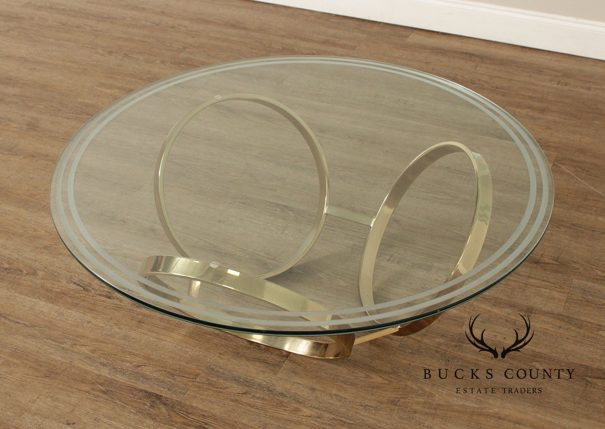 Postmodern Round Glass Top Three Ring Base Coffee Table