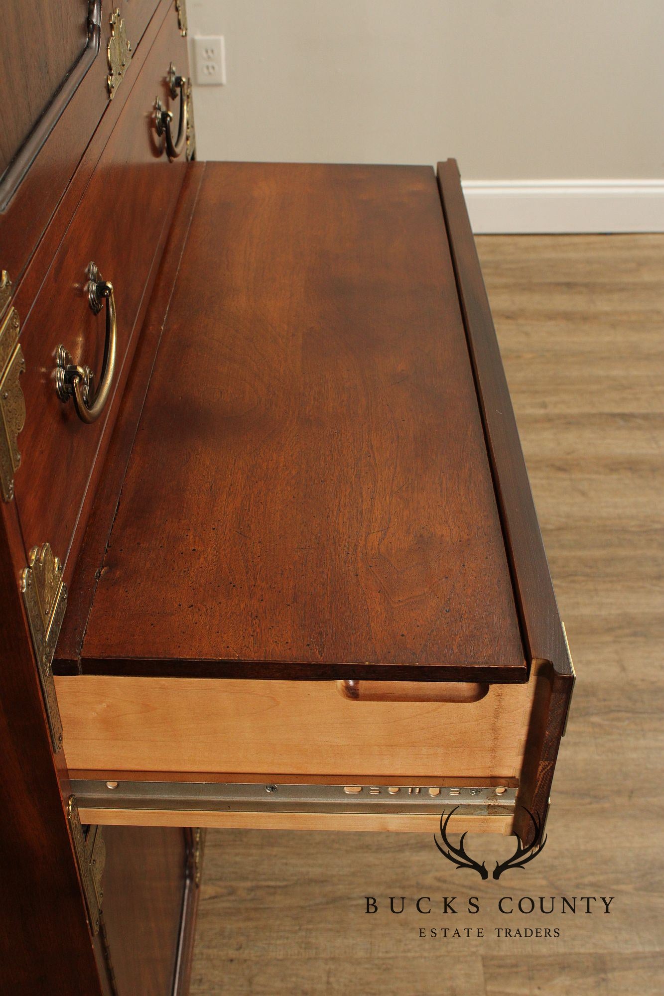 Henredon Asian Style Brass Mounted Walnut Bar Cabinet