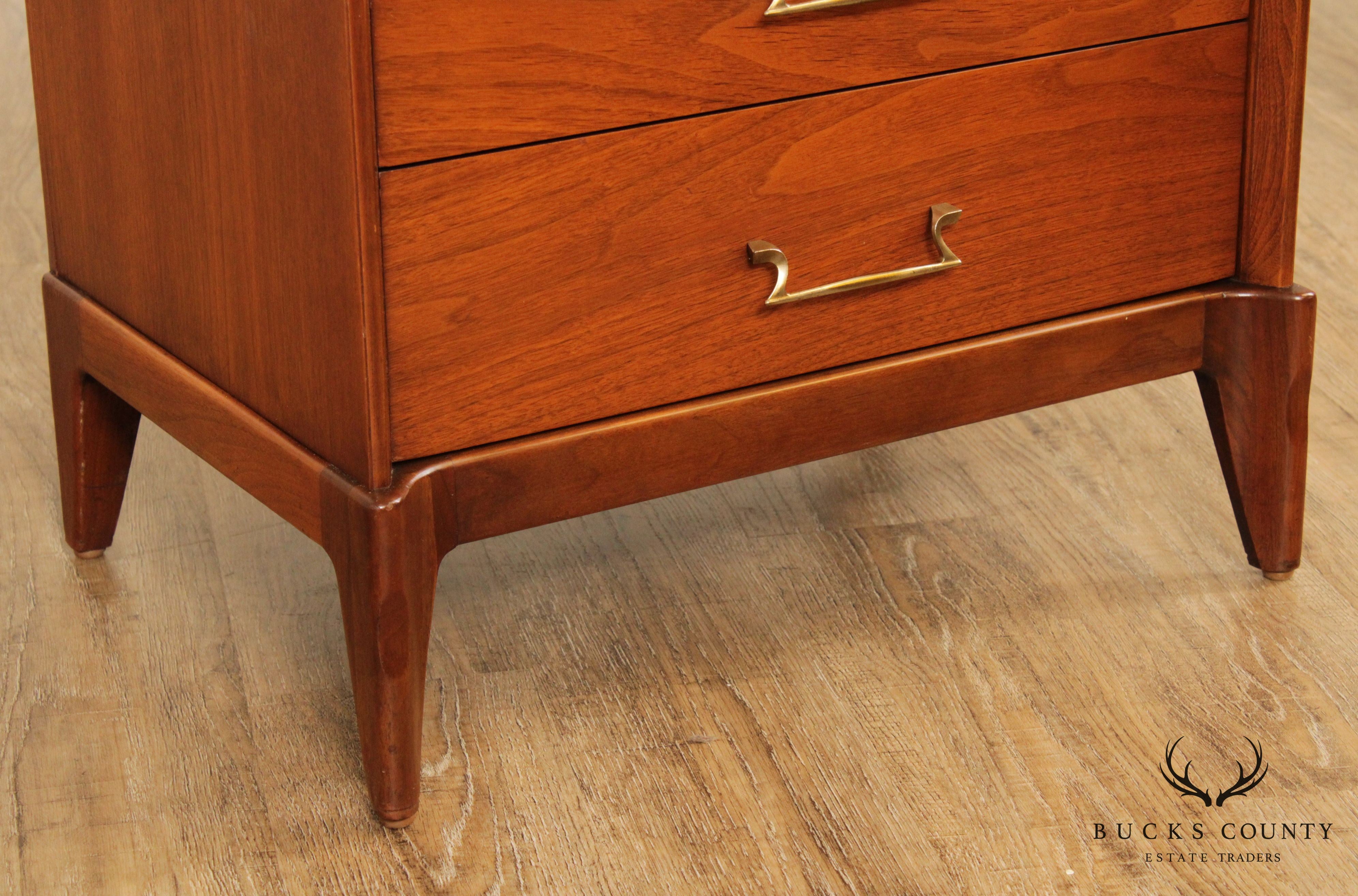 Mid Century Modern Pair Walnut Travertine Top 3 Drawer Nightstands