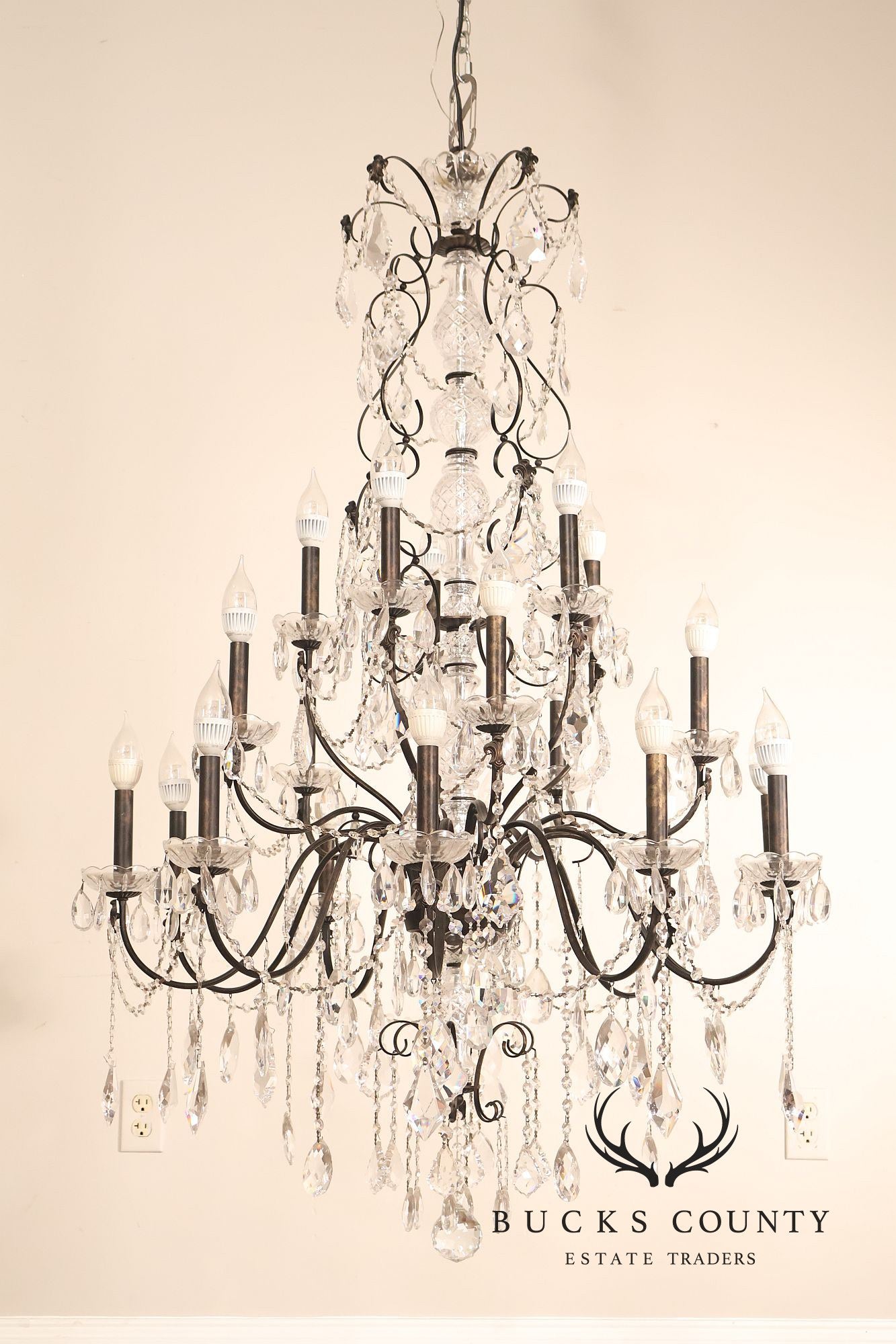 Large Twenty-Light Crystal And Wrought Iron 55" Chandelier