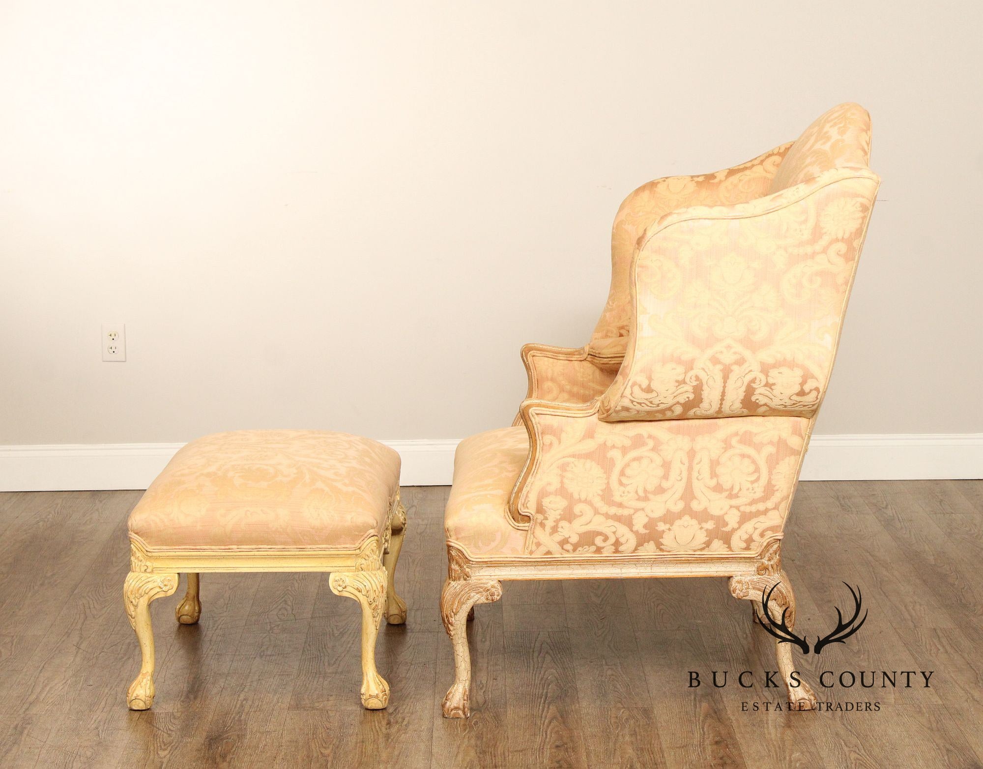 Georgian Style Antiqued Wingback Armchair and Ottoman