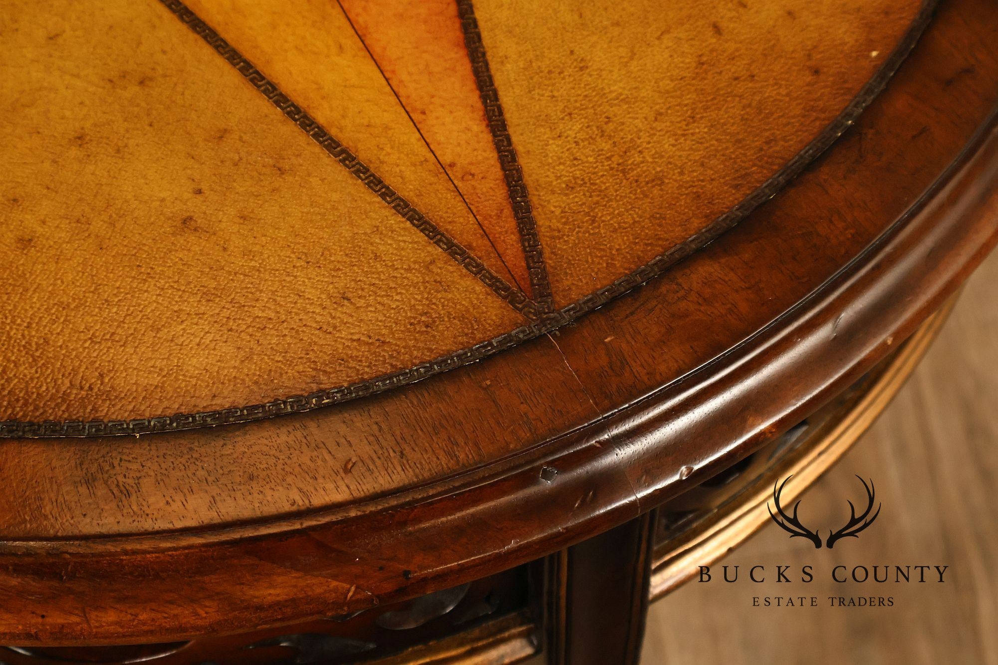 John Richard 'European Crossroads' Pair of Round Leather Top Lamp Tables