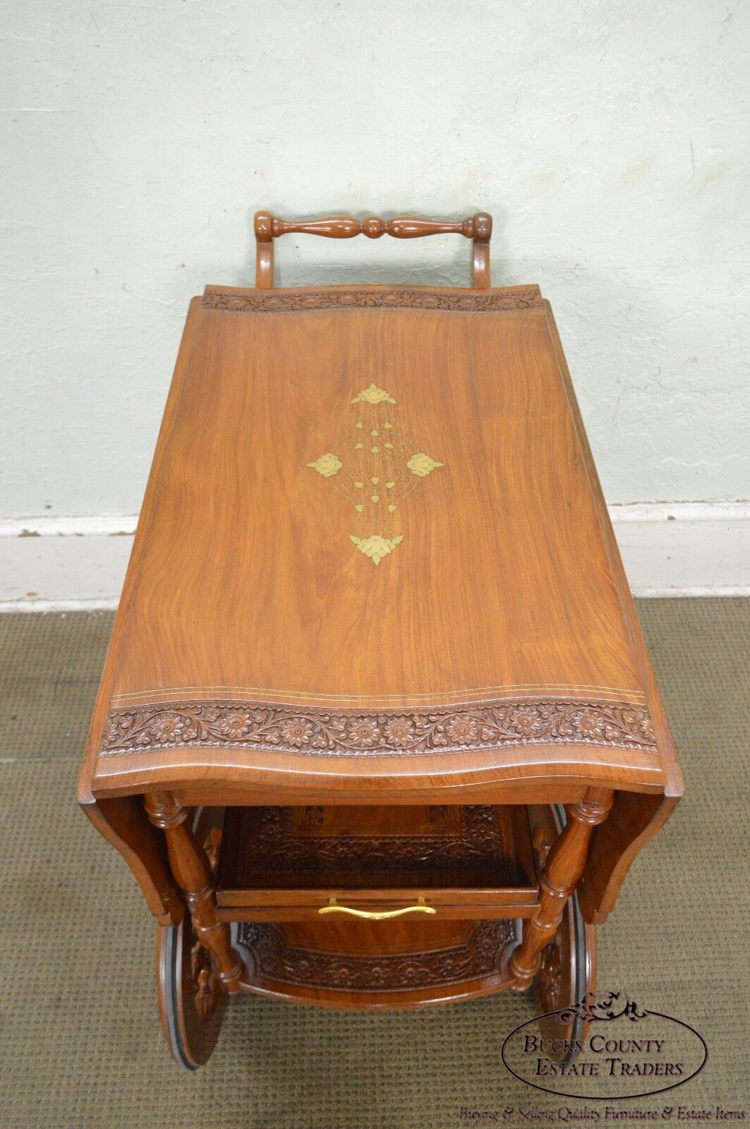 India Teak Wood Brass Marquetry Inlaid Serving Tea Cart