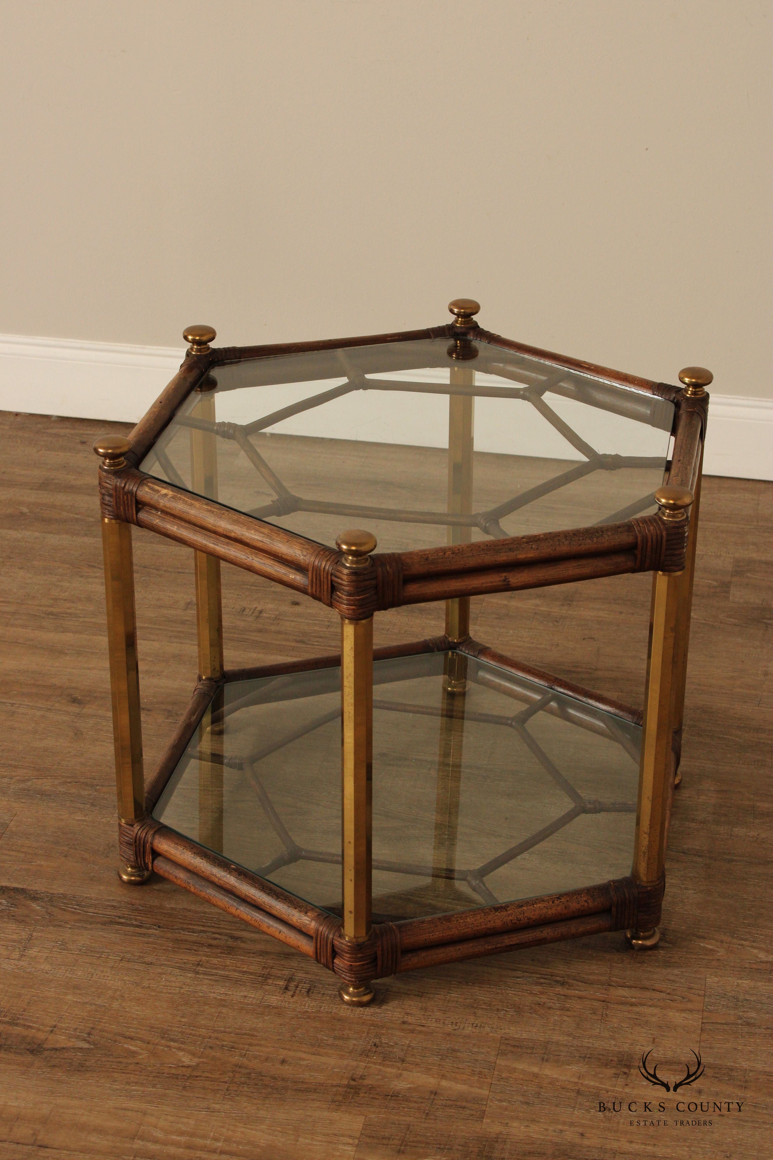 Hollywood Regency Vintage Two-Tier Glass Top Bamboo Side Table