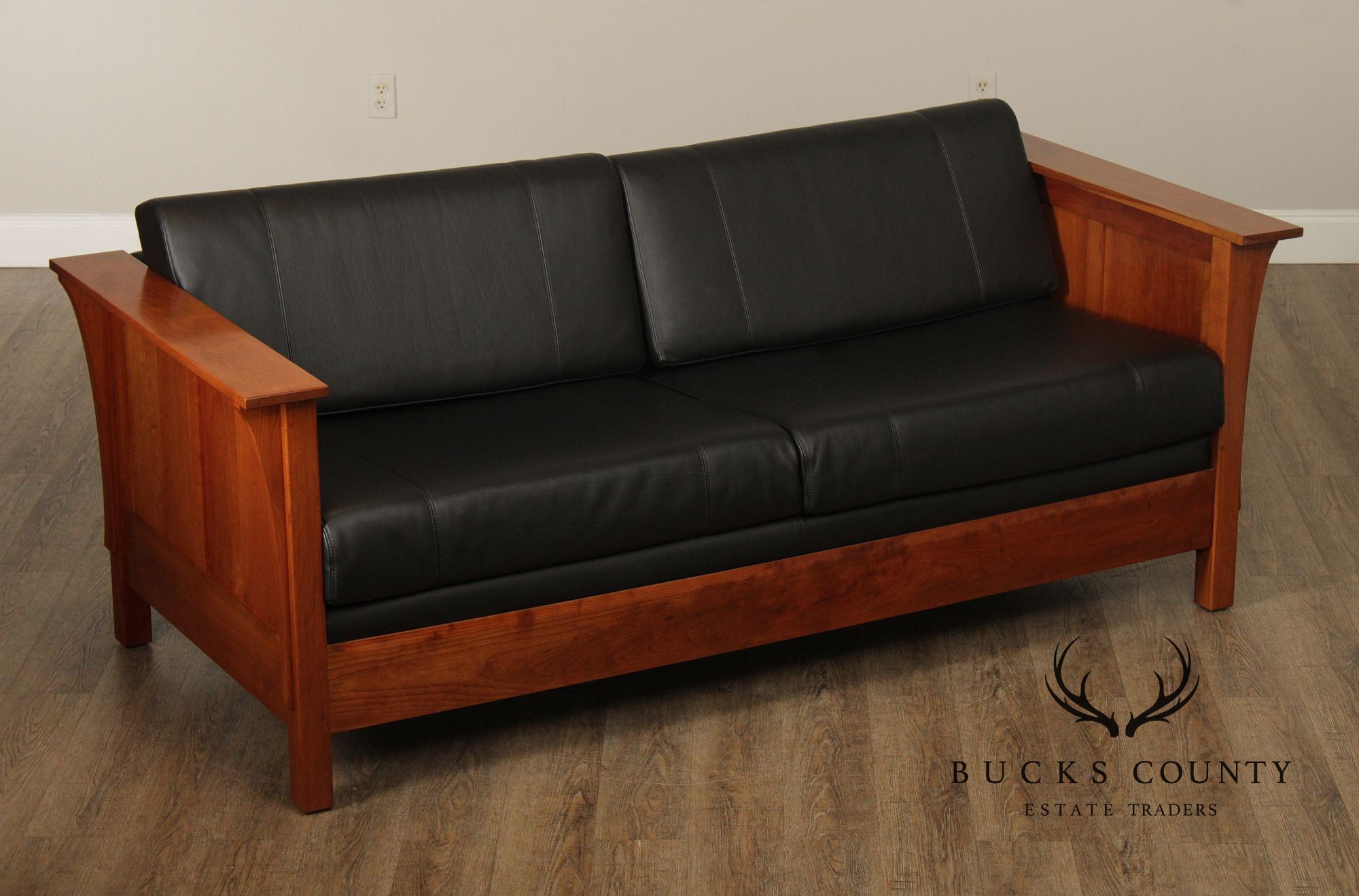 Stickley Mission Collection Cherry And Black Leather Sofa