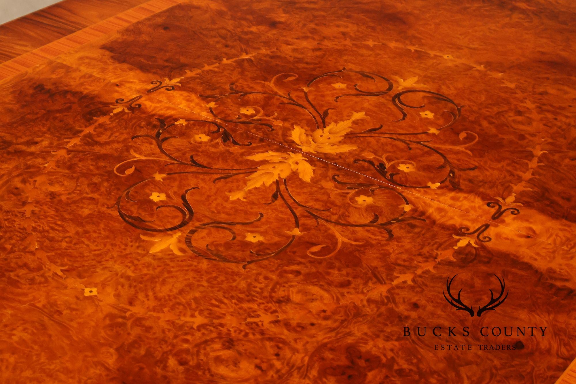 Exceptional Italian Burlwood Inlaid Double Pedestal Extendable Dining Table