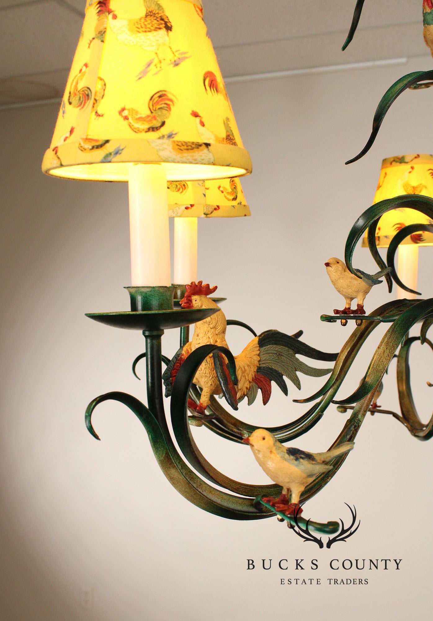 Farmhouse Style Painted Tole Rooster Chandelier