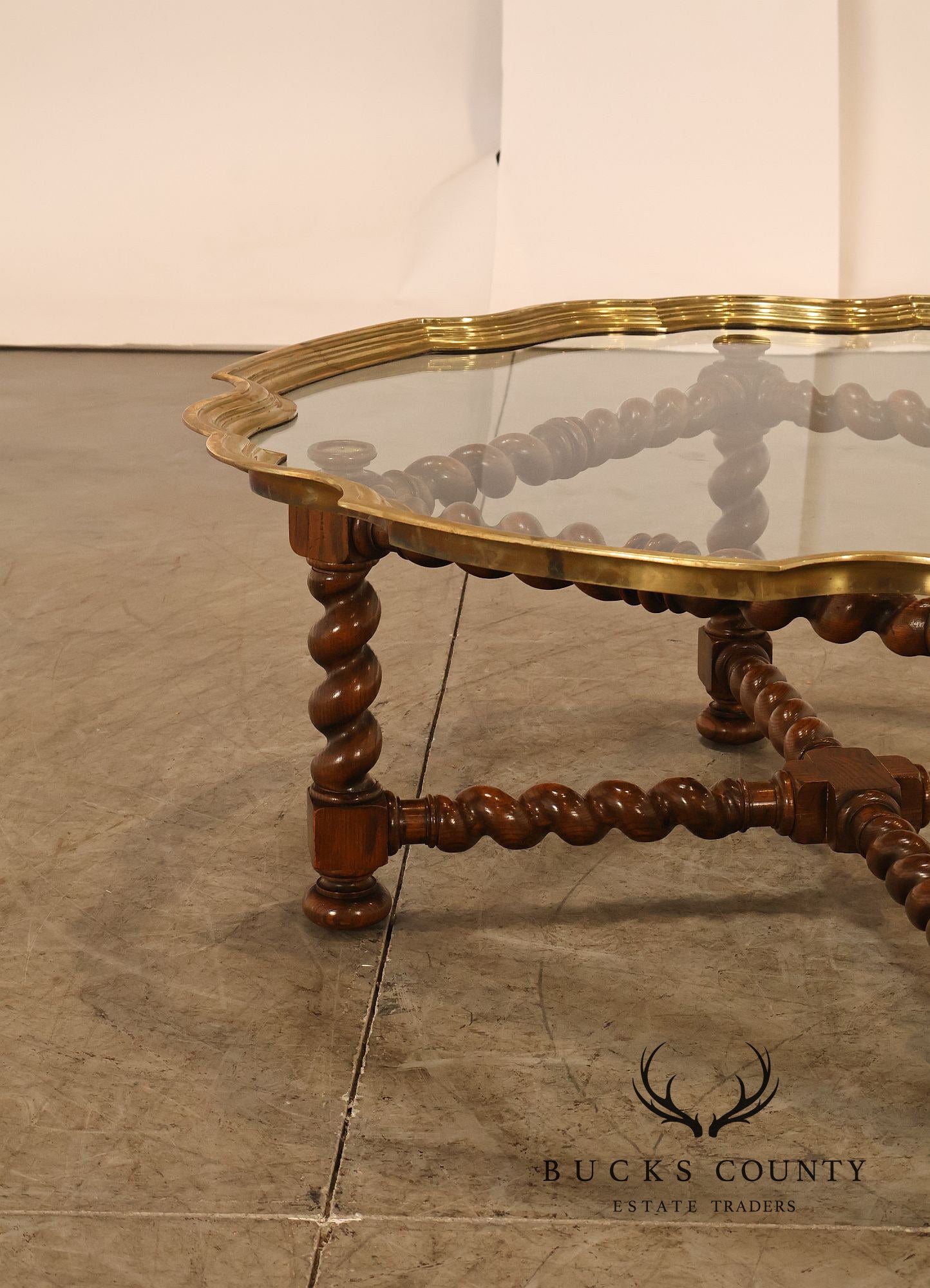 Baker Vintage Oak Barley Twist Scalloped Brass And Glass Top Coffee Table
