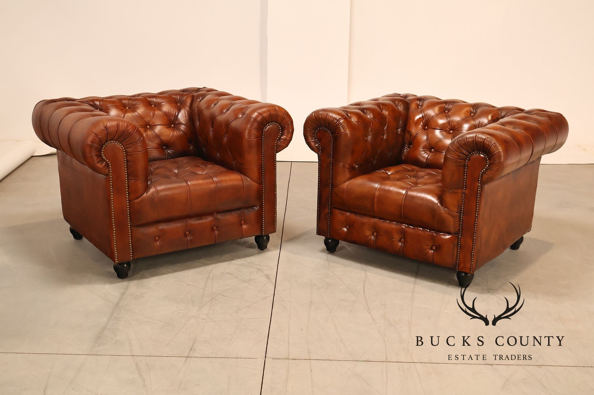Chesterfield Style Pair of Brown Leather Club Chairs