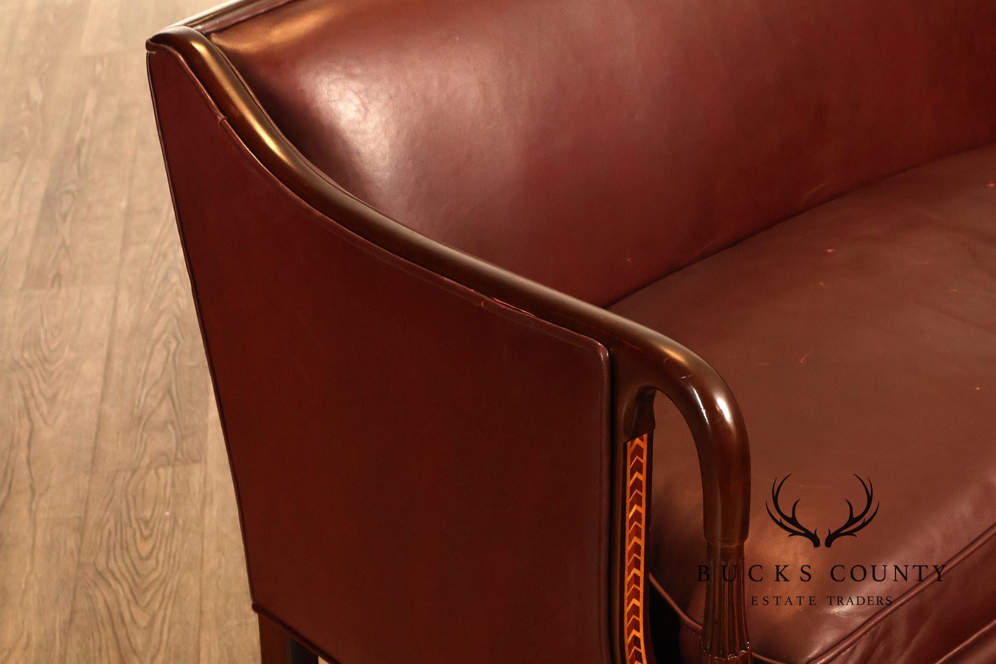 Hancock & Moore Sheraton Style Inlaid Mahogany Leather Settee