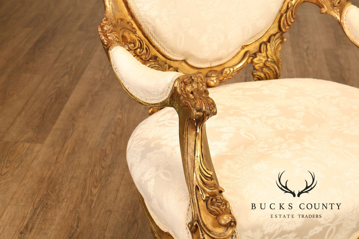 Italian Rococo Style Pair Of Carved Giltwood Upholstered Armchairs