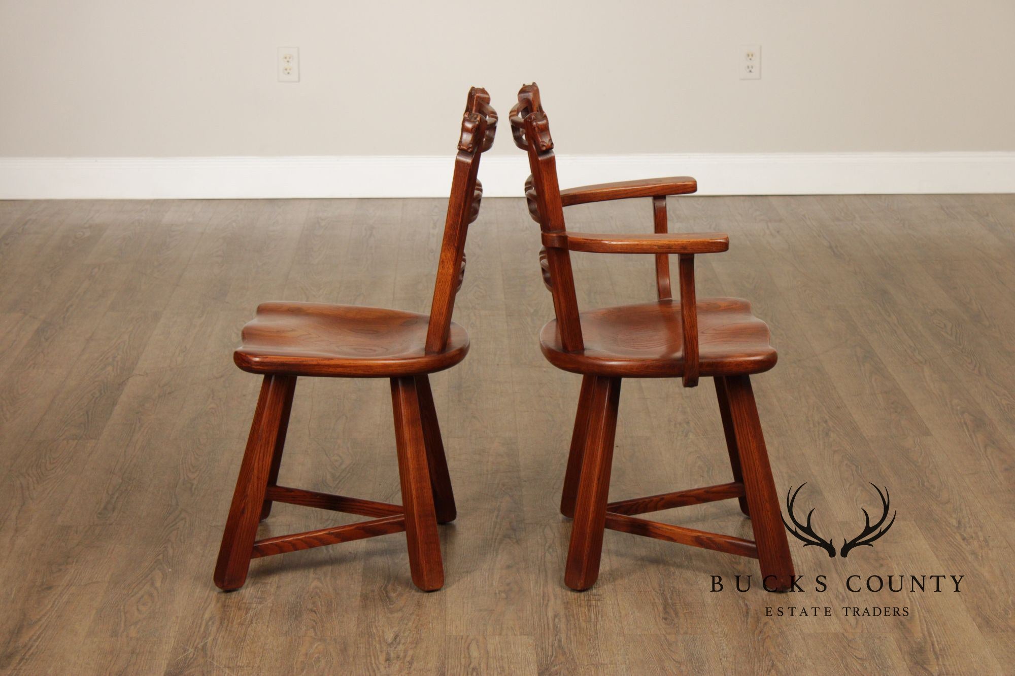 Romweber Set of Six Horse Carved Oak Dining Chairs