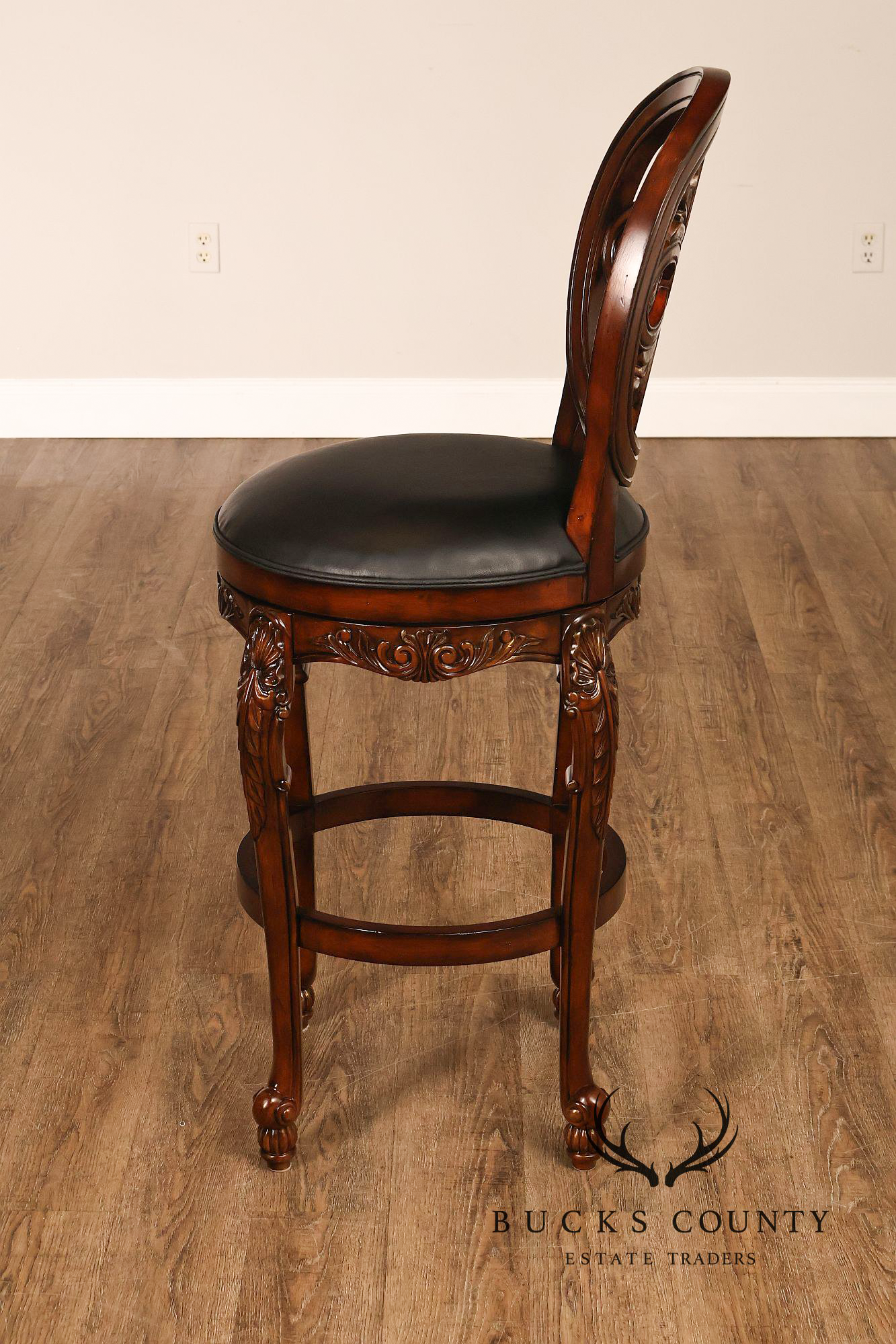 Quality Set Of Four  Carved Mahogany Swivel Bar Stools
