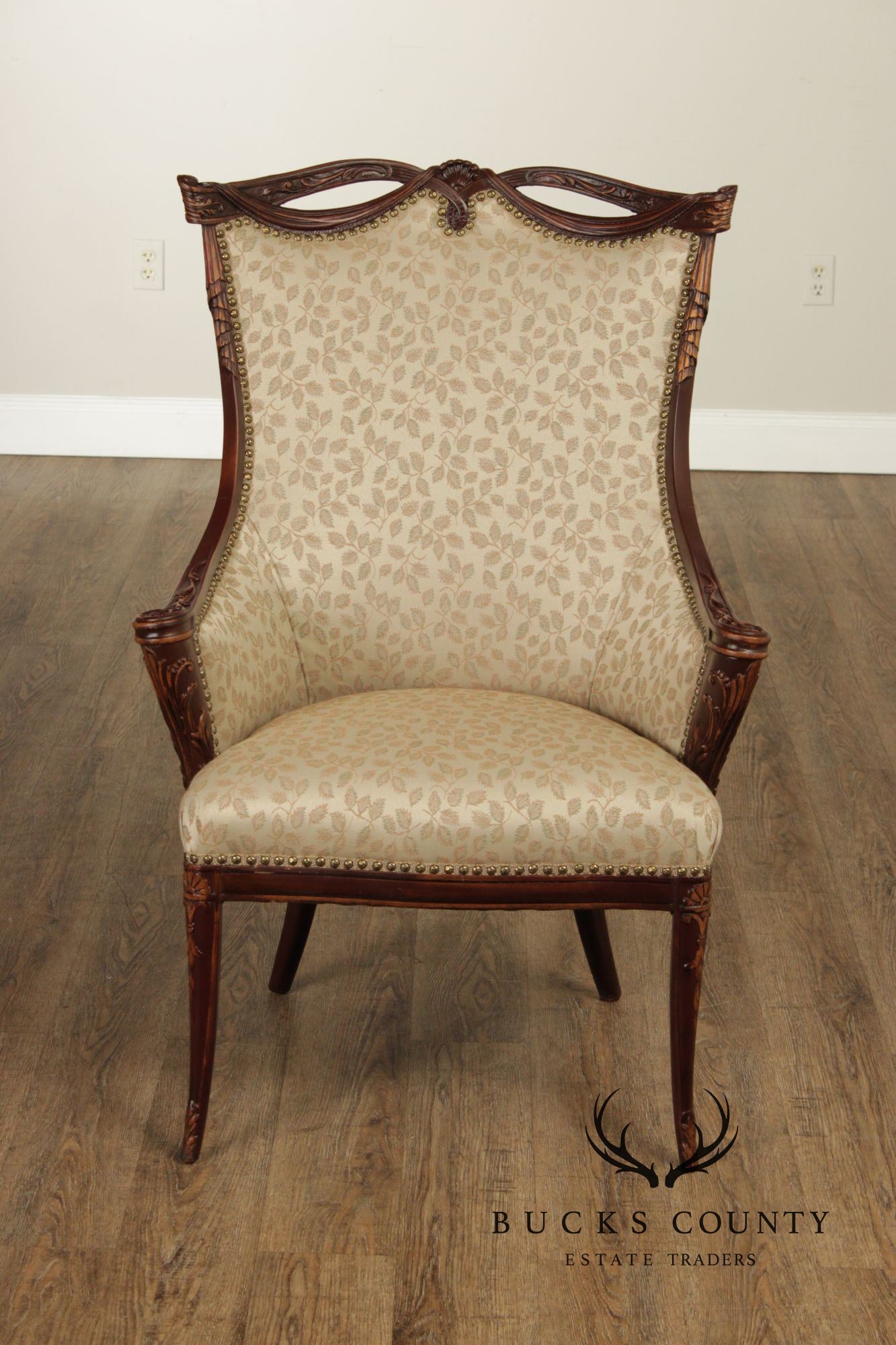 1930's French Louis XVI Style Carved Mahogany Fireside Bergere Chair