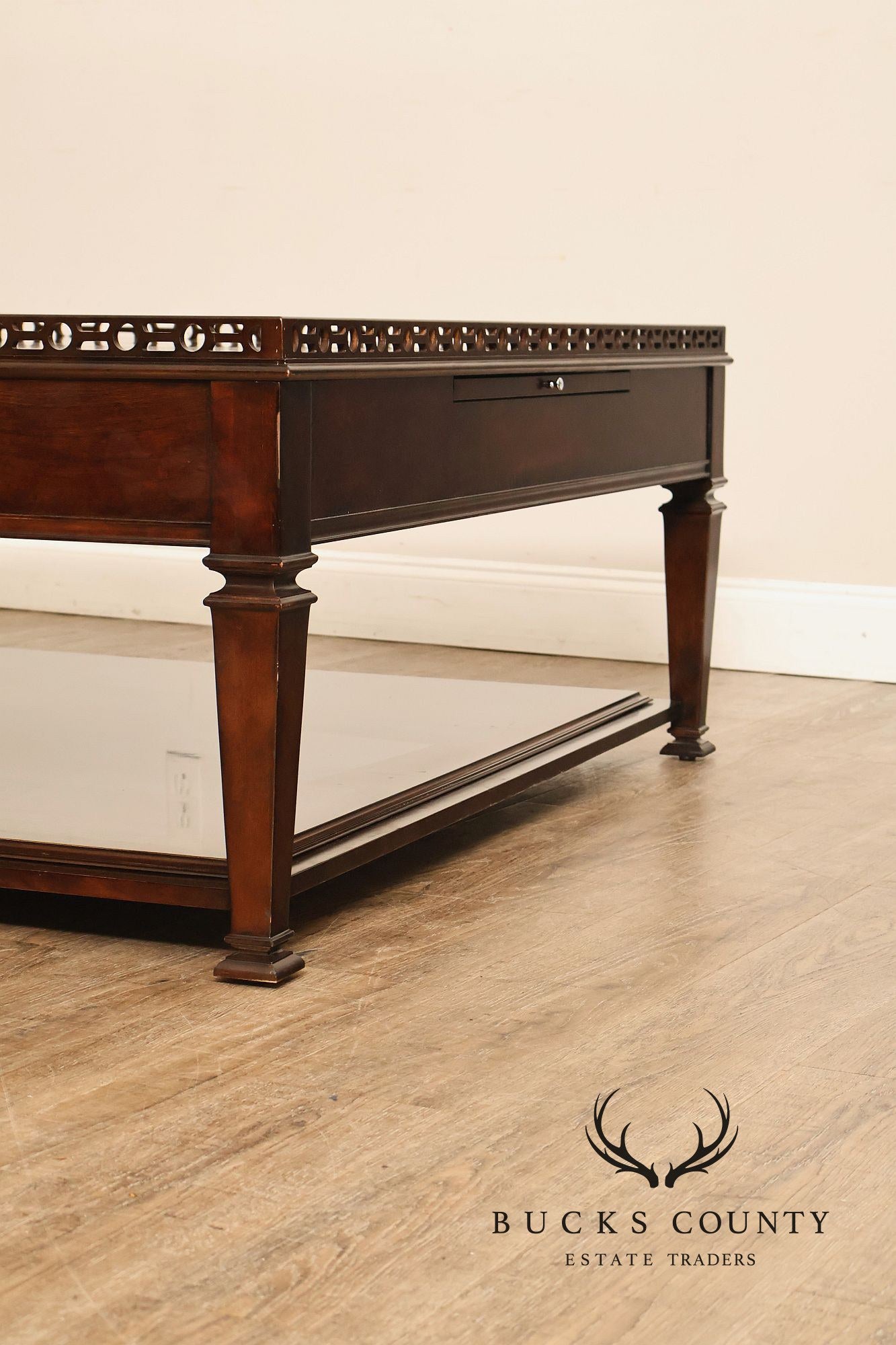 Century Furniture Large Mahogany Two Drawer Gallery Top Rectangular Cocktail Coffee Table