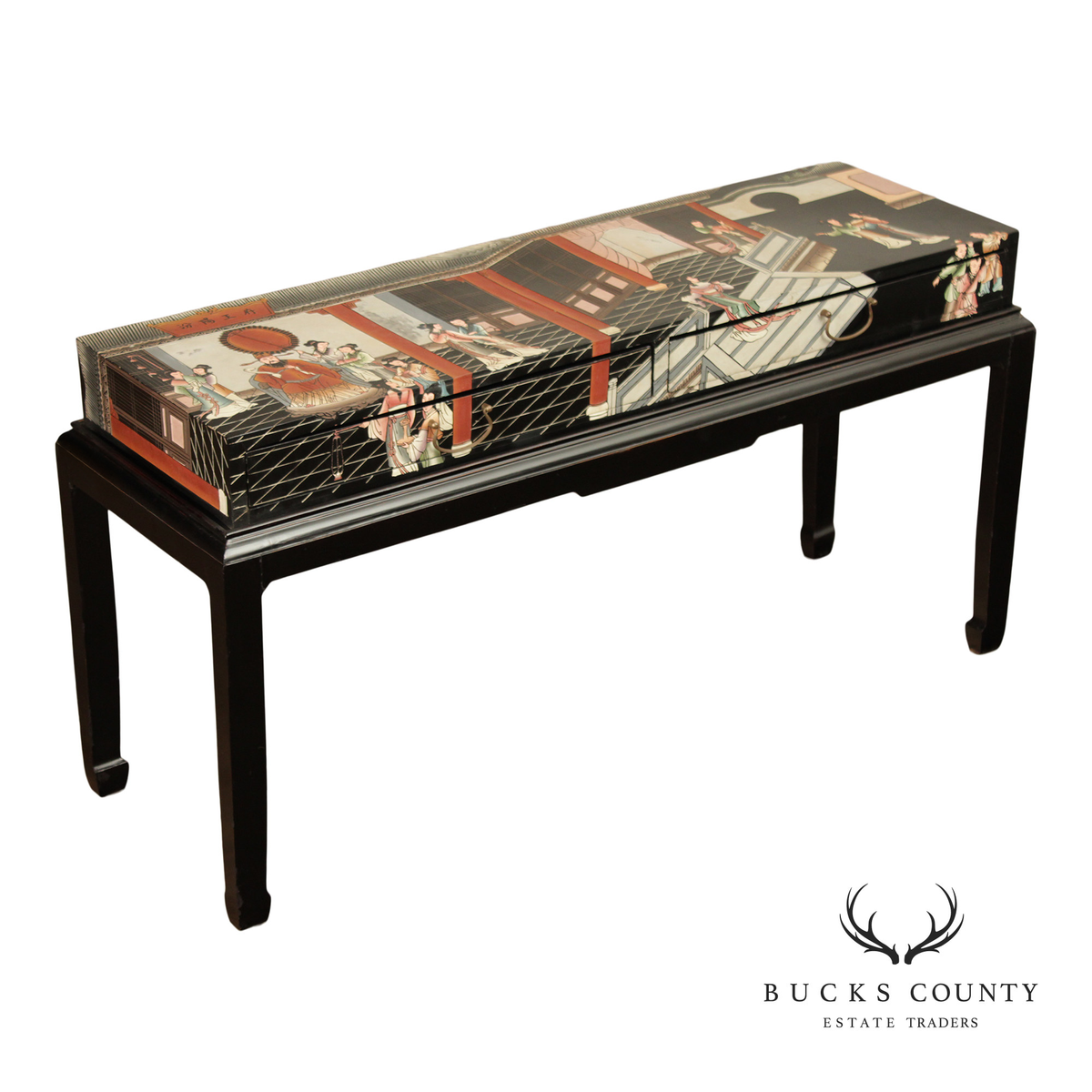 Vintage Chinese Style Lacquered Figural Scene Console