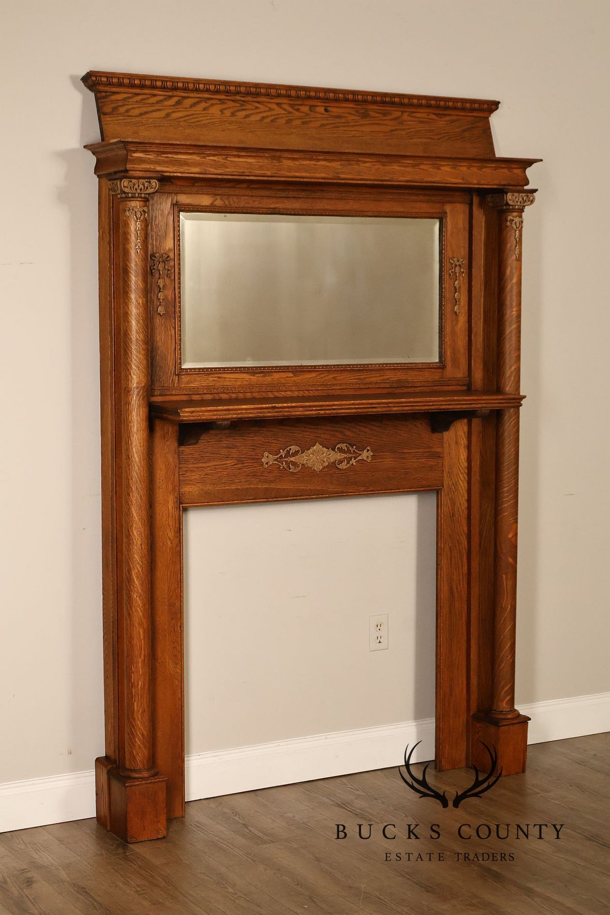 Antique C.B. Atkin Company Victorian Oak Mirrored Fireplace Mantel