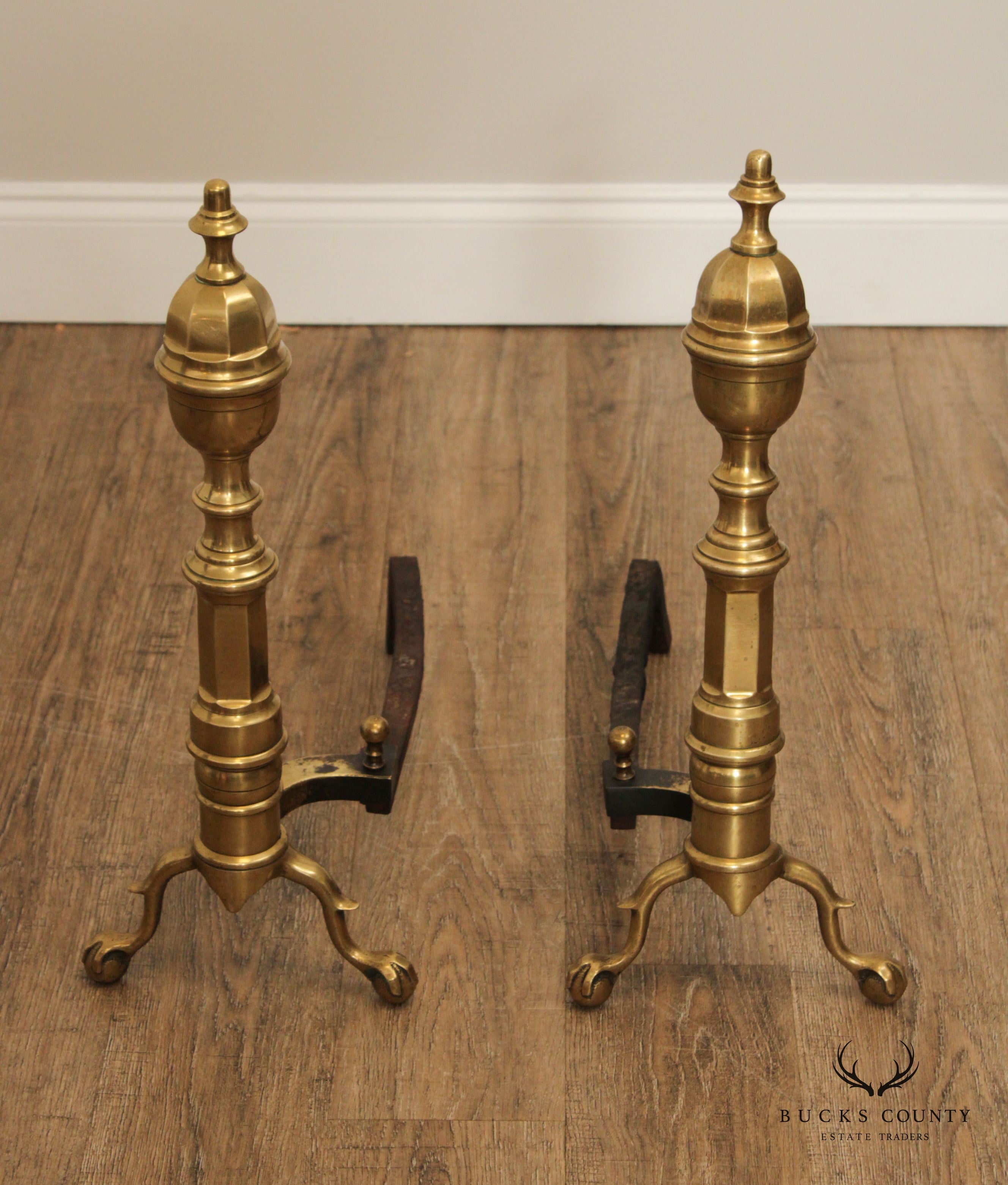 CHIPPENDALE STYLE QUALITY PAIR OF BRASS FIREPLACE ANDIRONS