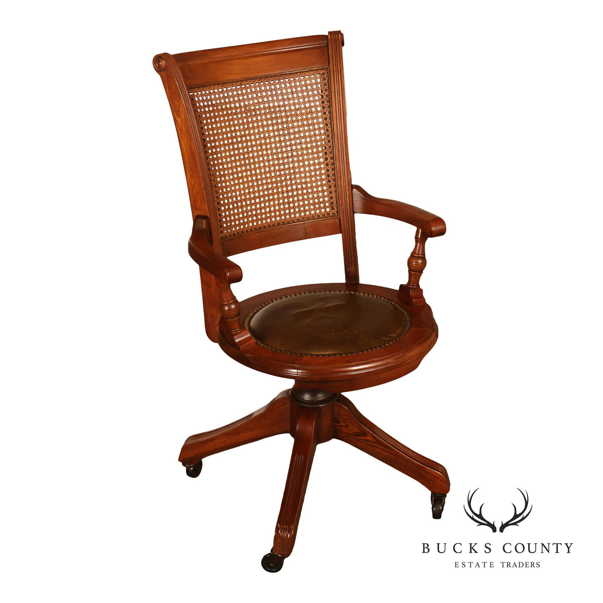 Vintage Leather and Cane Swivel Office Armchair