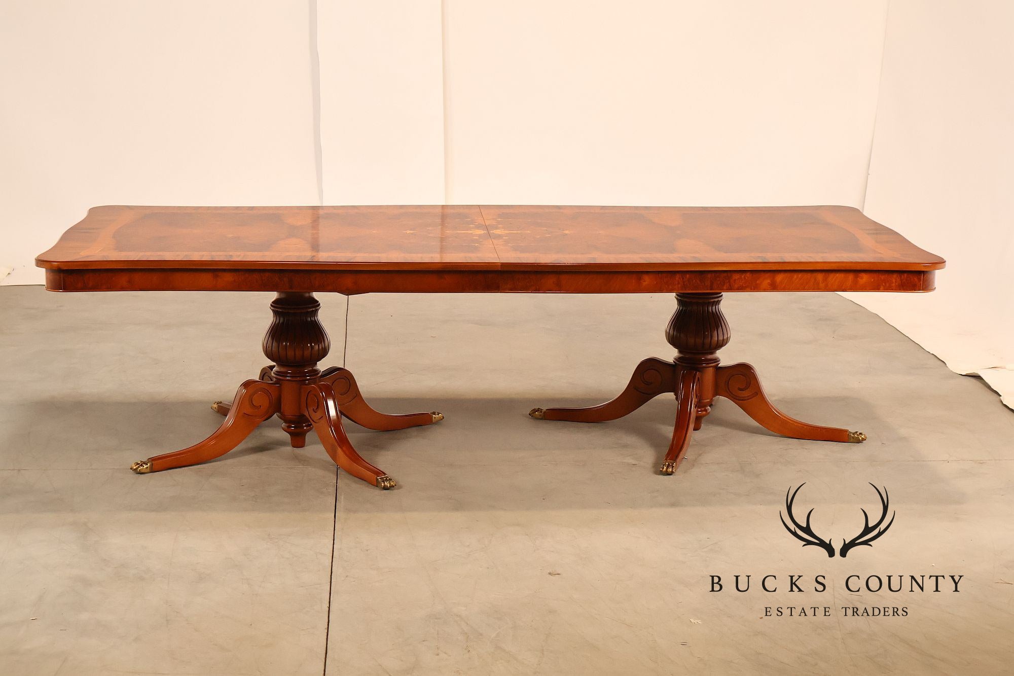 Exceptional Italian Burlwood Inlaid Double Pedestal Extendable Dining Table