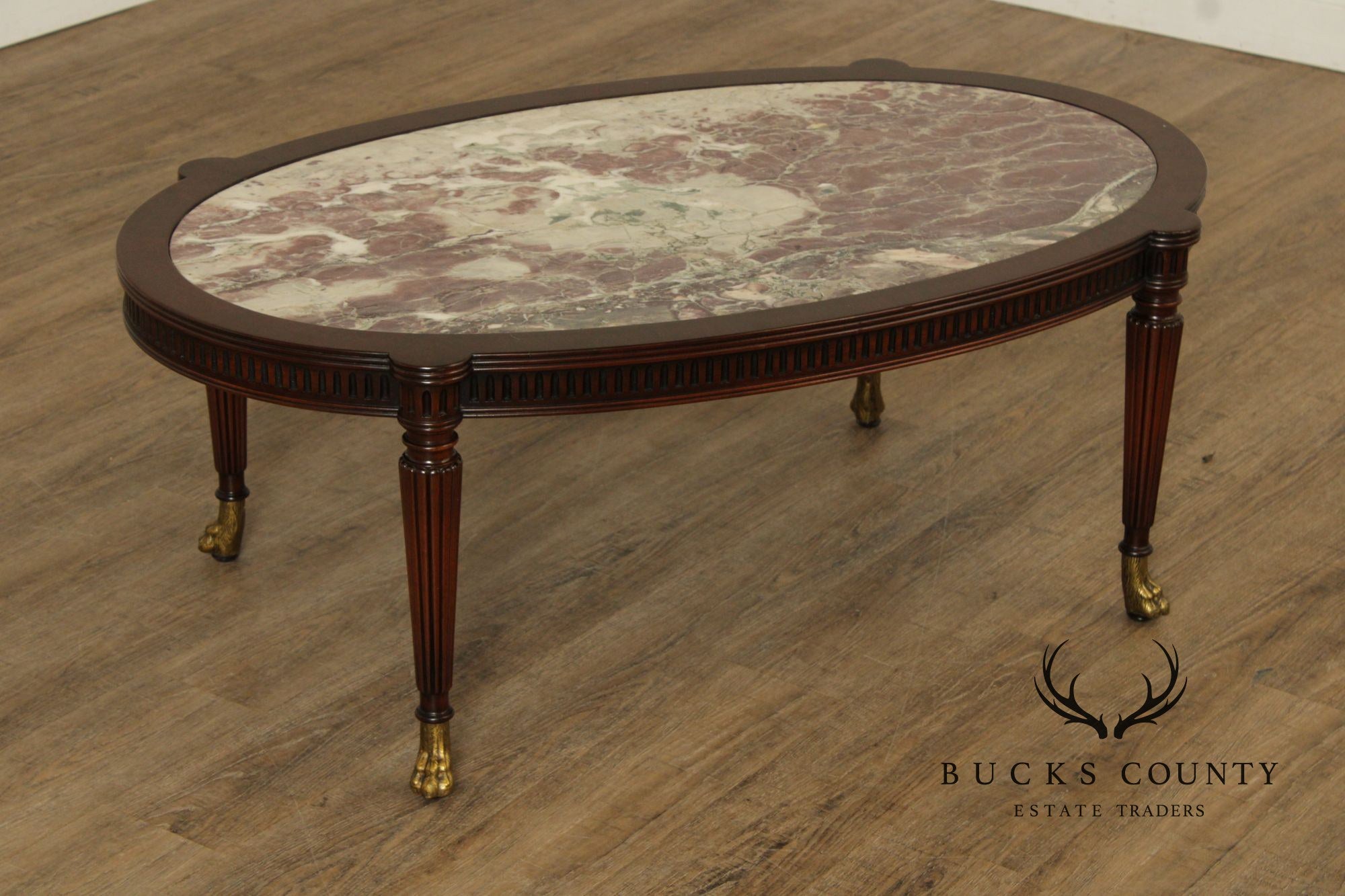 1940's Custom Regency Style Marble Top Mahogany Coffee Table