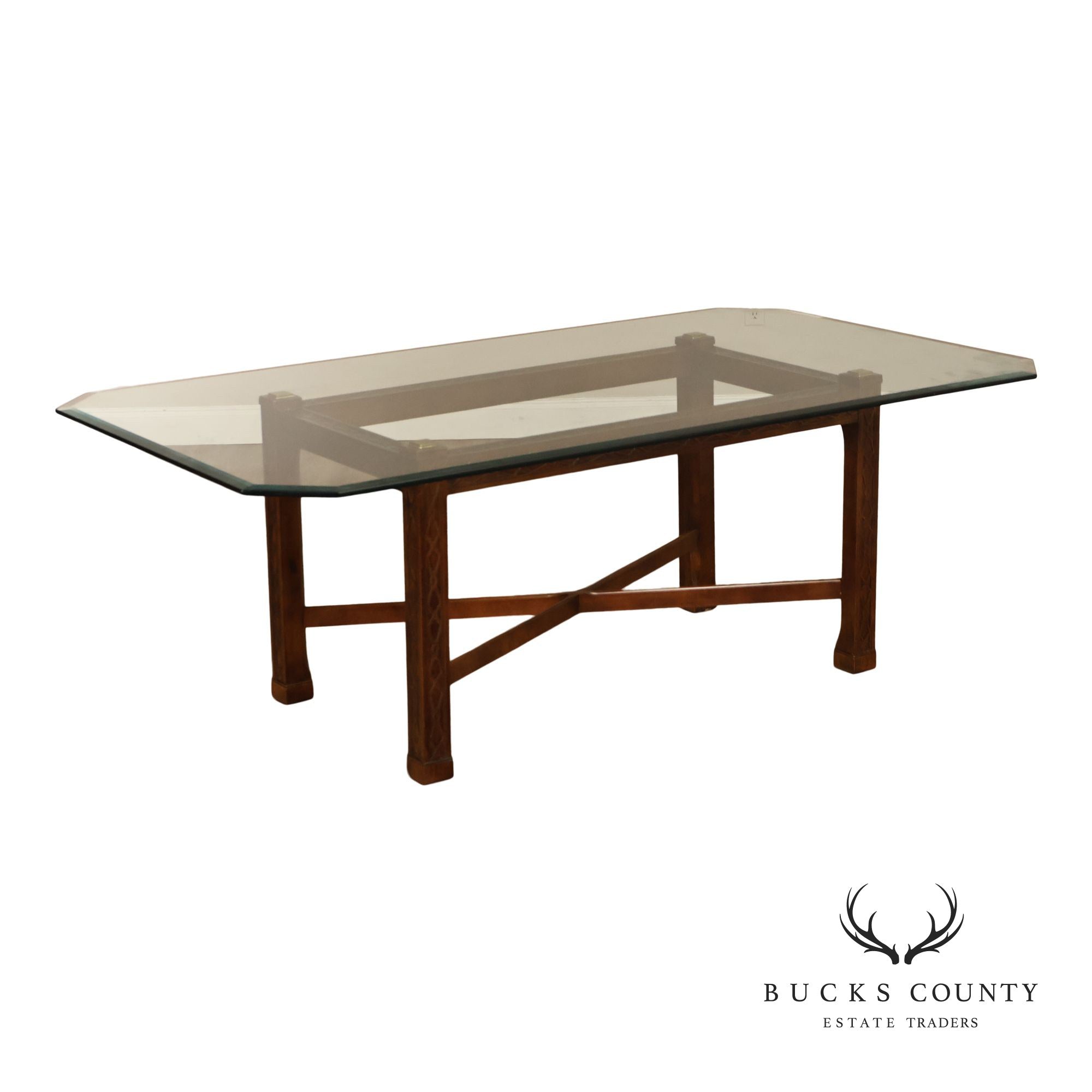 Chinese Chippendale Style Glass Top Mahogany Dining Table