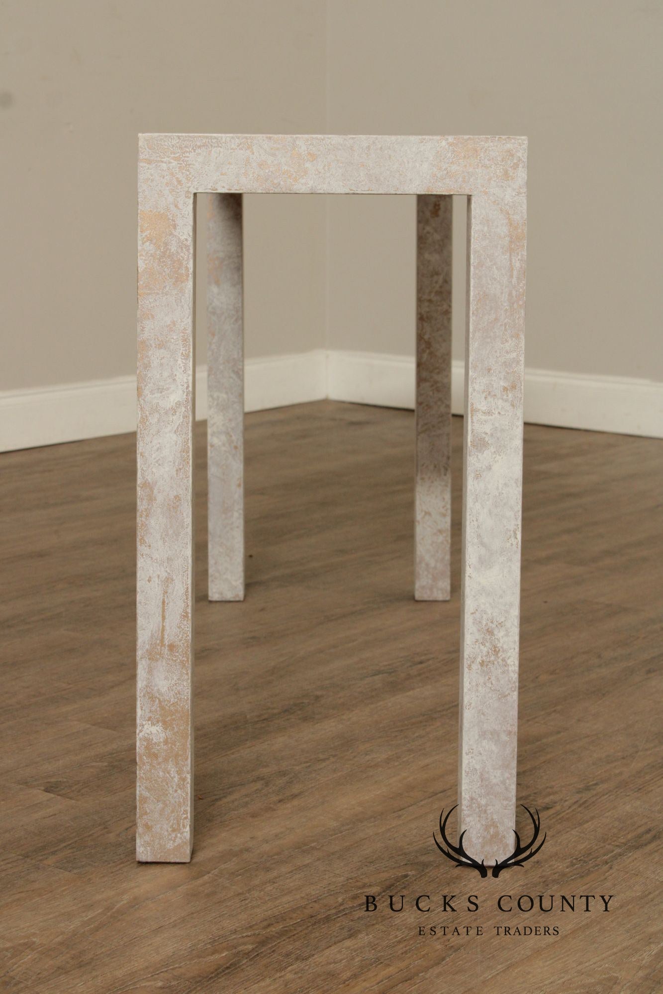 Mid Century Modern Cerused Painted Pair Of Burl Wood Parsons Console Tables