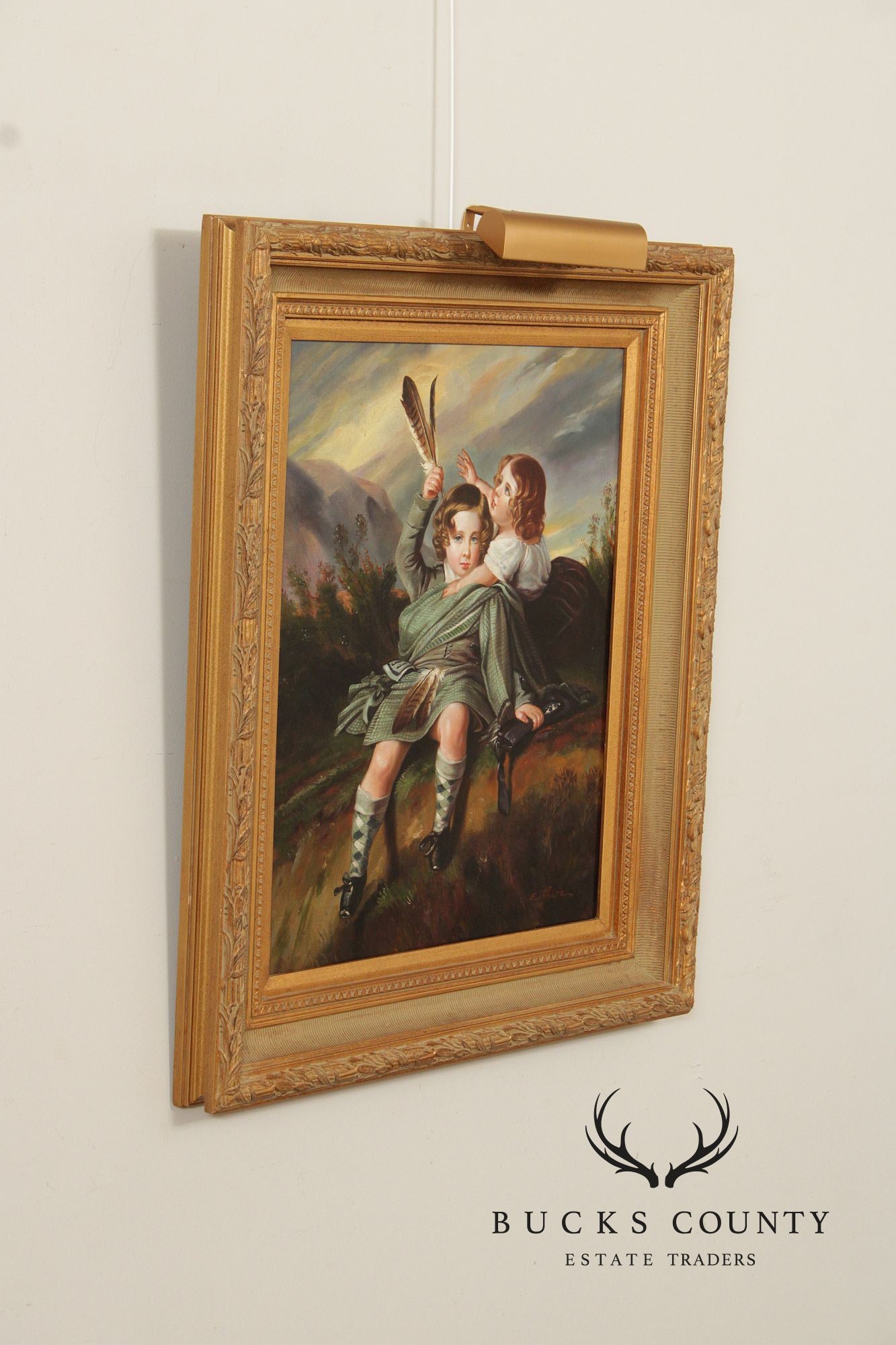 Signed Giltwood Framed Oil Painting of Scottish Children