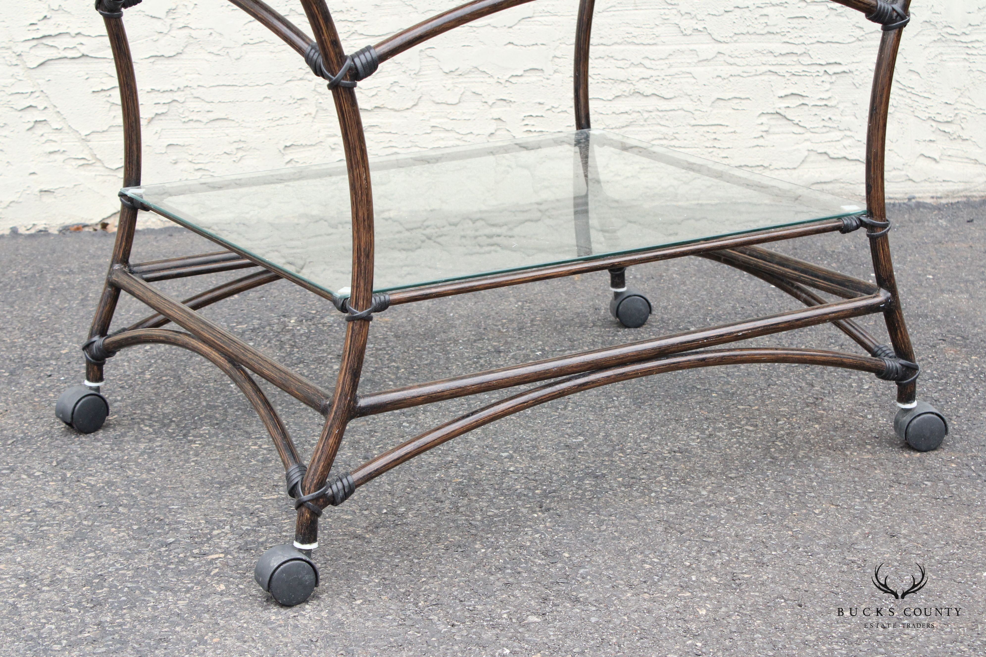 Contemporary Faux Rattan Rolling Bar Cart