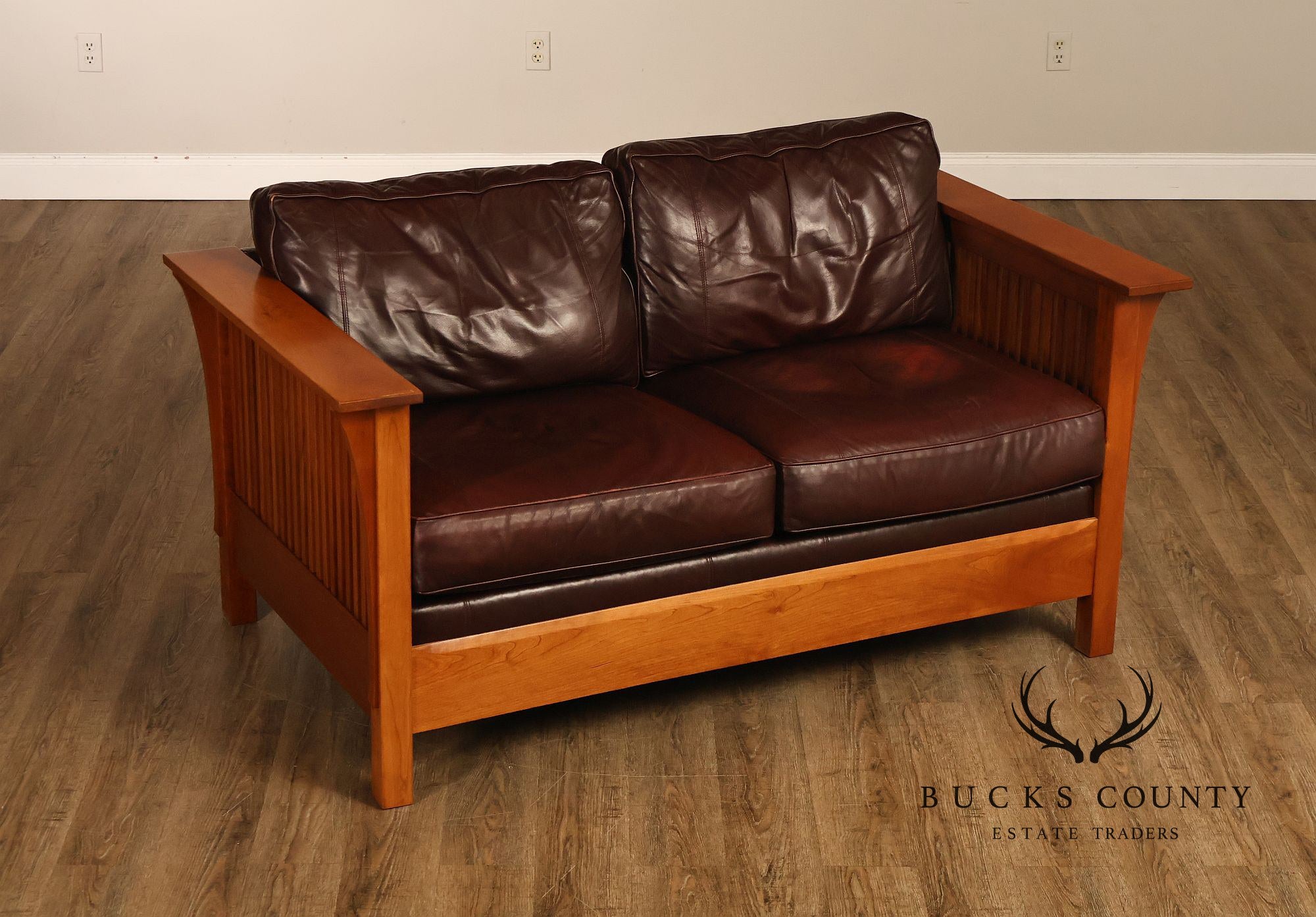 Stickley Mission Collection Cherry Wood Spindle Frame Leather Loveseat
