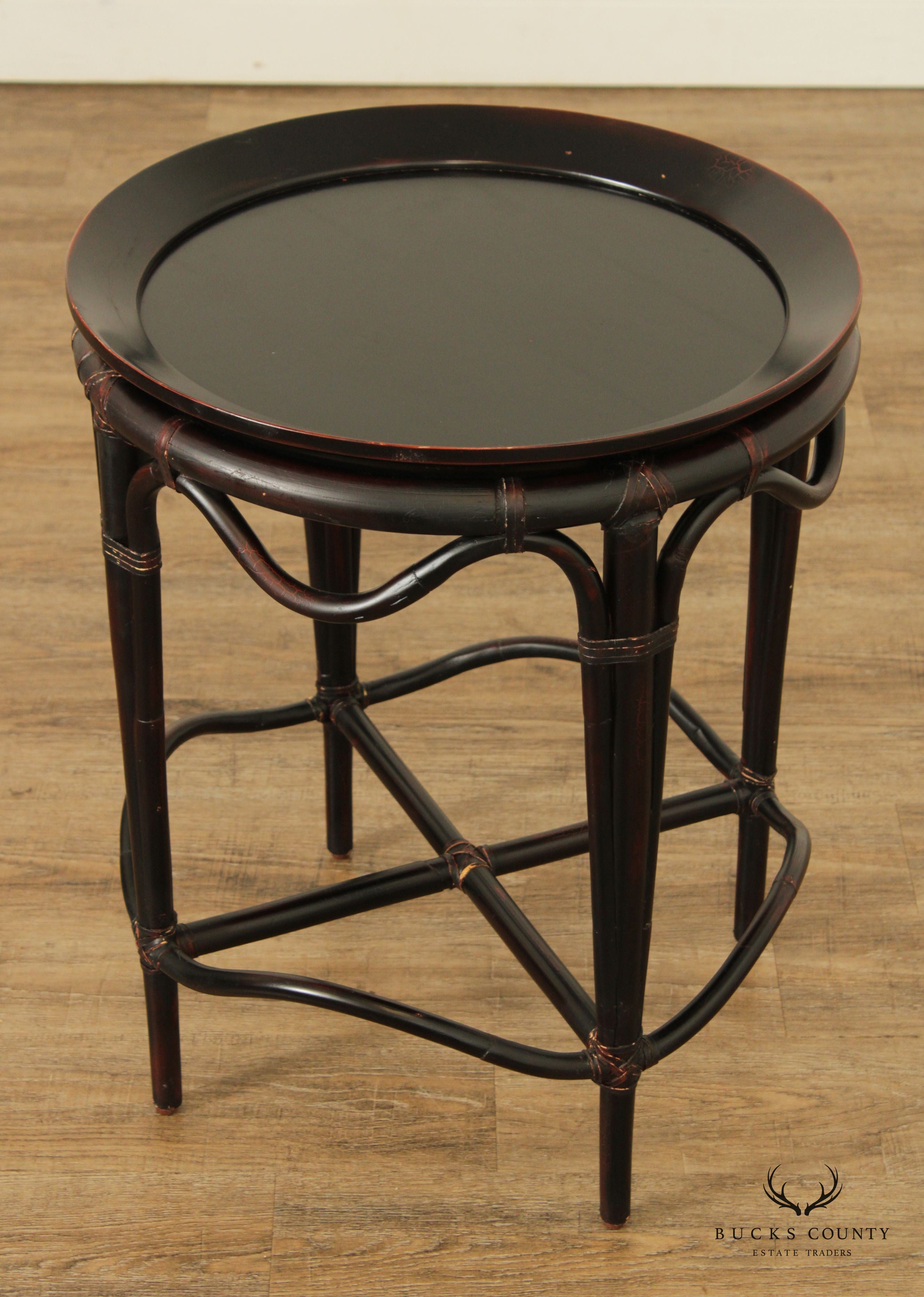 Vintage Chinese Black Lacquered Bamboo Round Tray Table