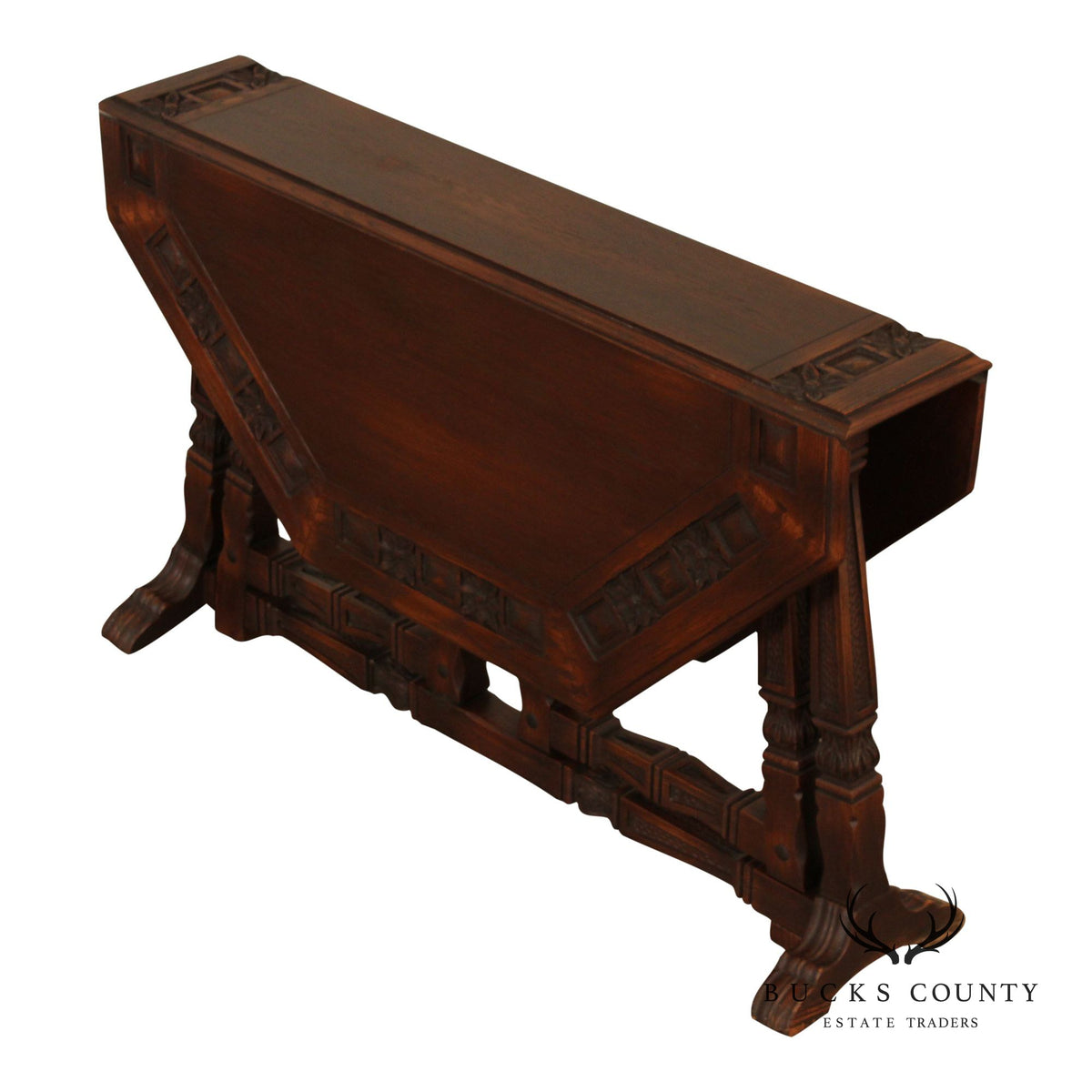 Rom Weber Viking Jacobean Style Carved Oak Drop-Leaf Table
