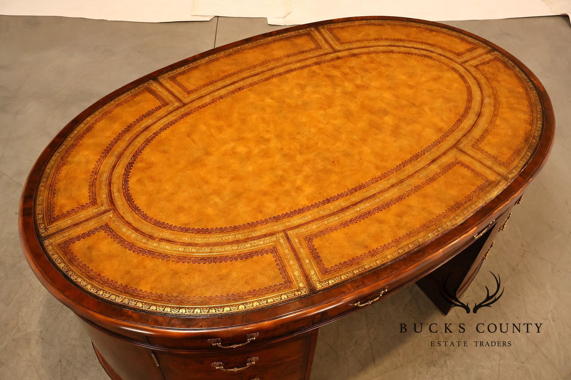 Maitland-Smith Oval Burl Wood Leather Top Partner Desk with Brass Hardware