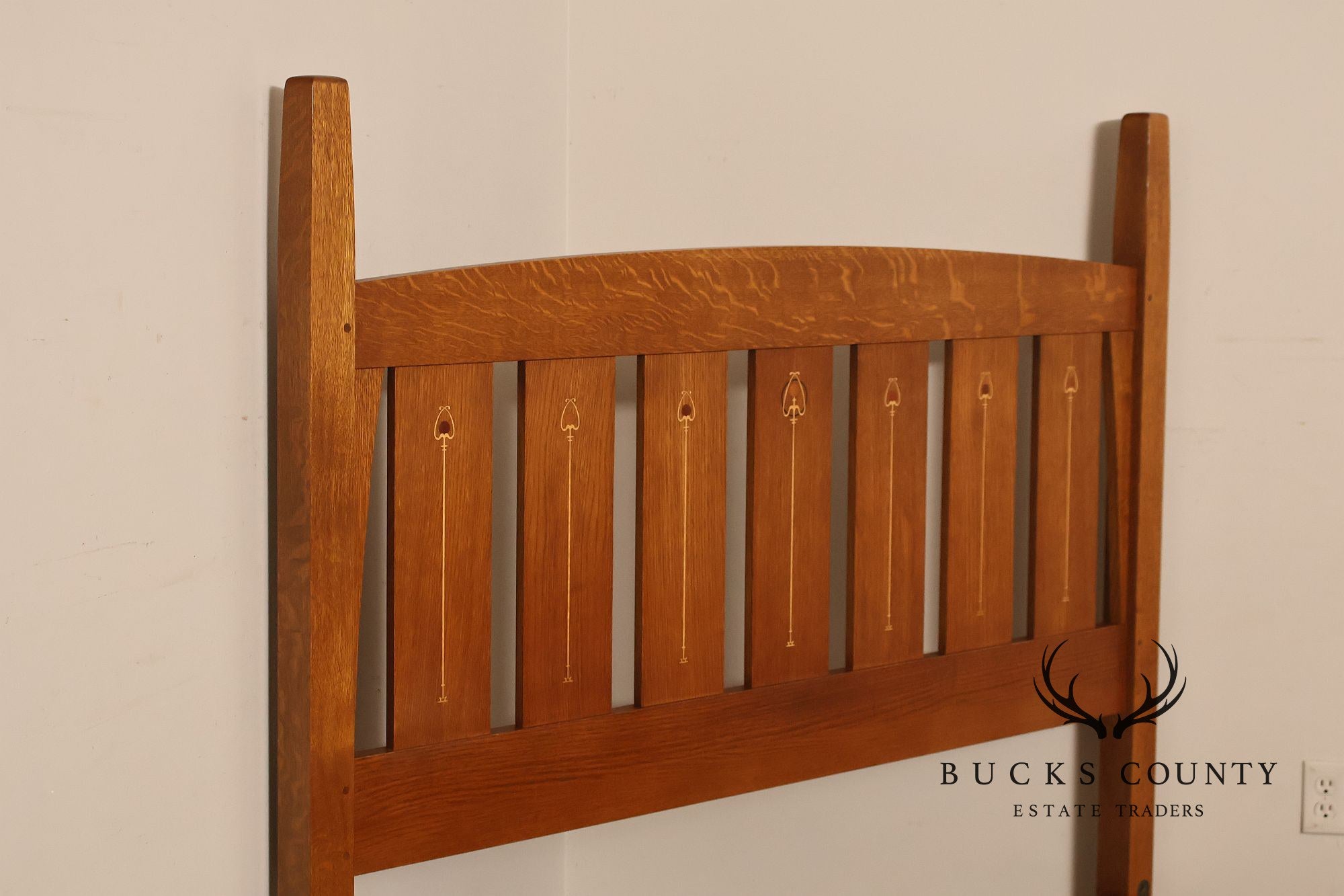 Stickley Mission Collection Harvey Ellis Inlaid Oak Queen Bed