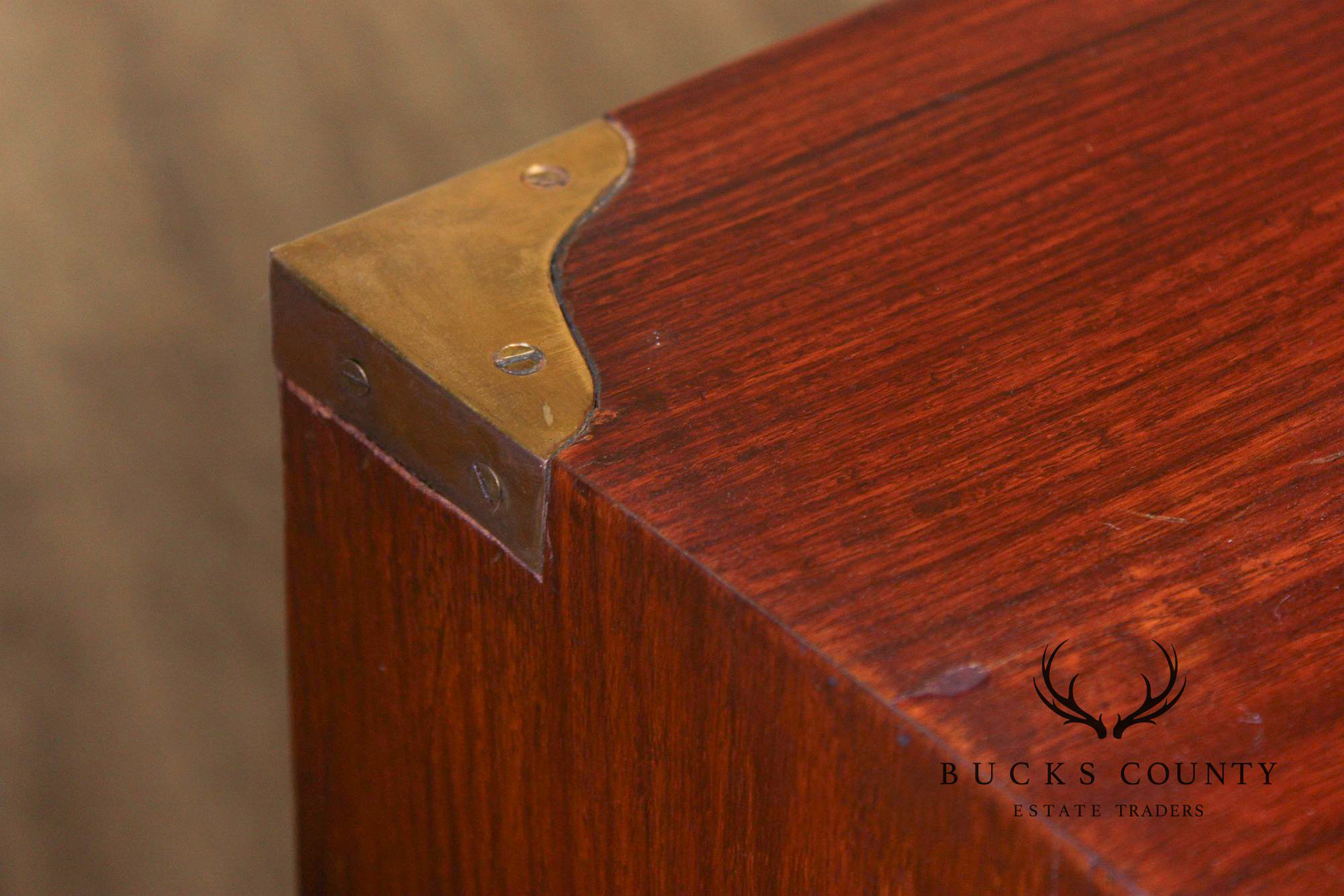 Brass Inlaid And Carved Teak Four Drawer Campaign Chest