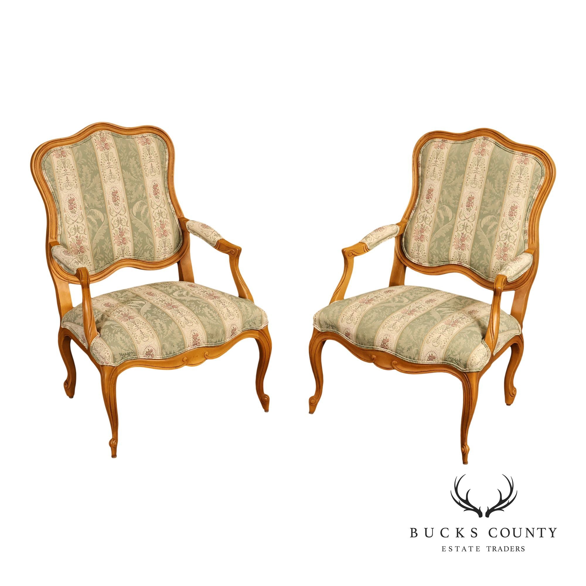 Ethan Allen French Louis XV Style Pair Of Upholstered Armchairs