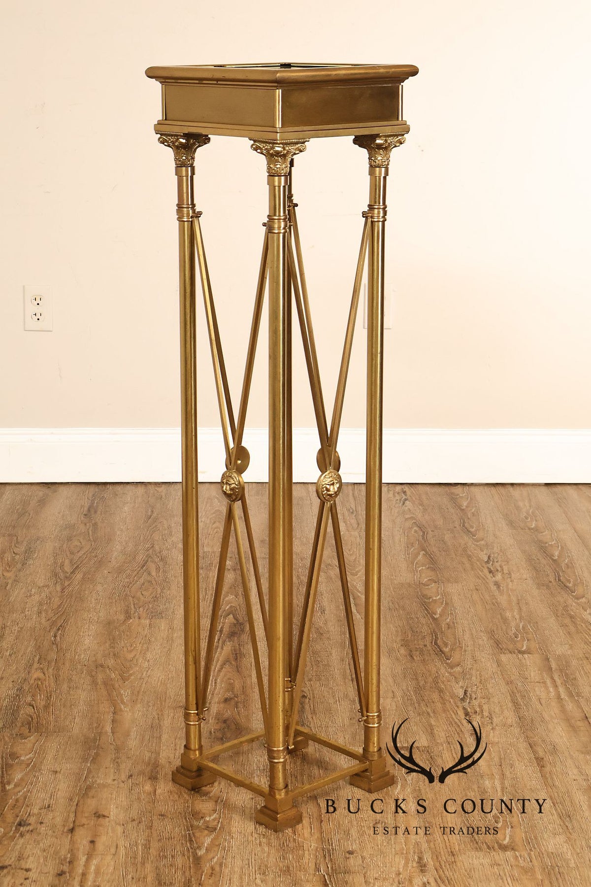 Vintage Neoclassical Style Heavy Brass Pedestal Plant Stand With Lion Medallions